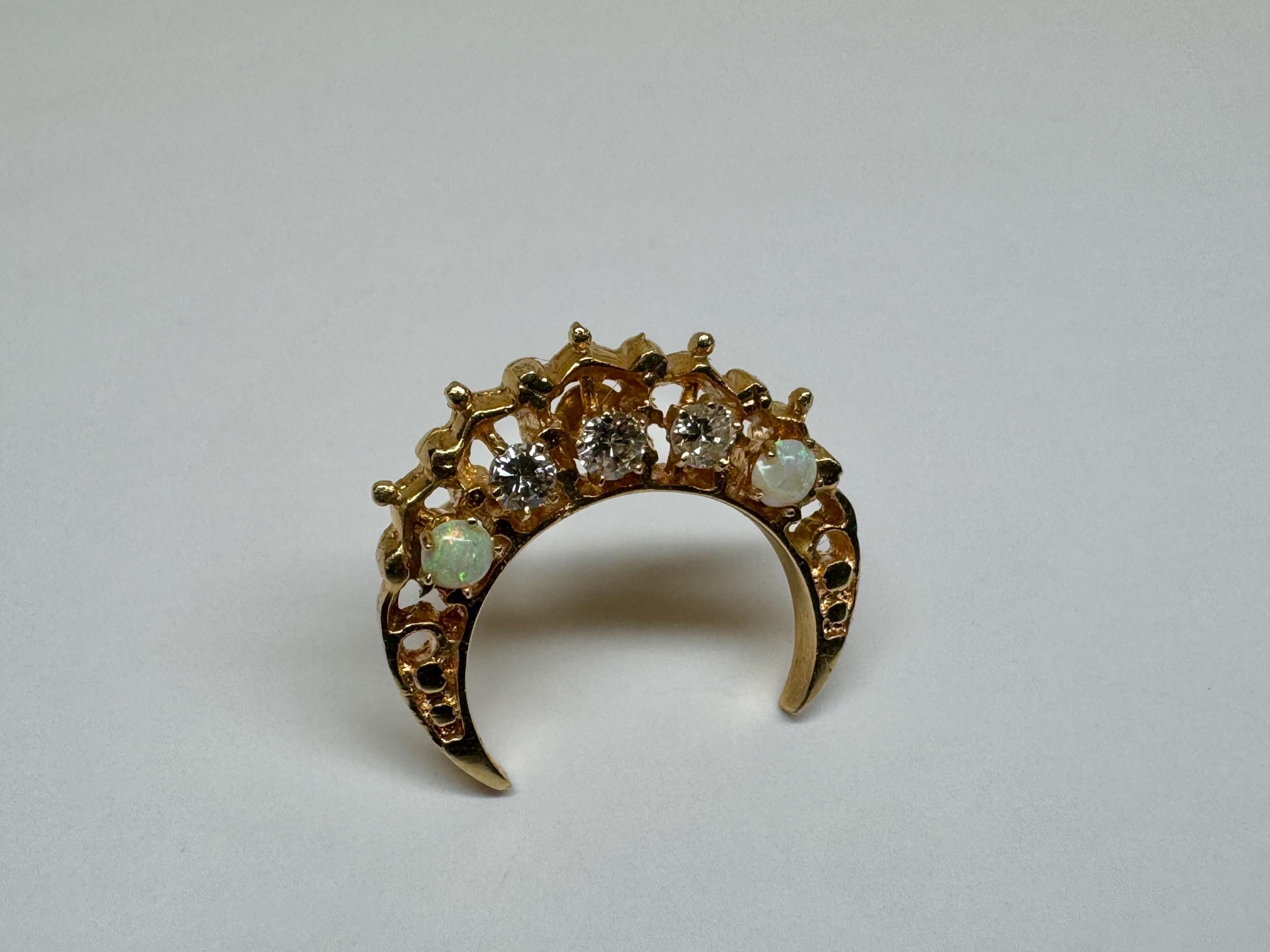 14K Gold Diamond Opal Crescent Moon Brooch – Victorian Celestial Pin