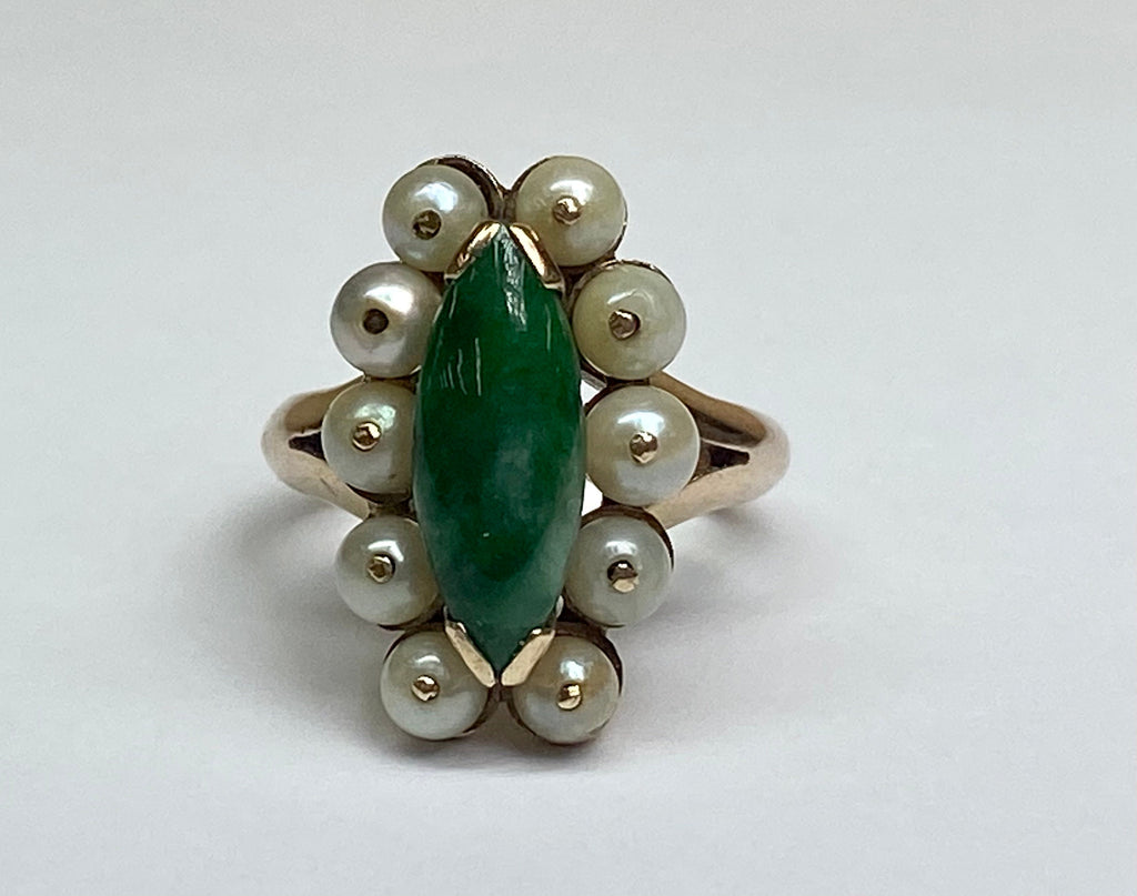 14K Yellow Gold Green Jade & Seed Pearl Ring - Size 4 1/2