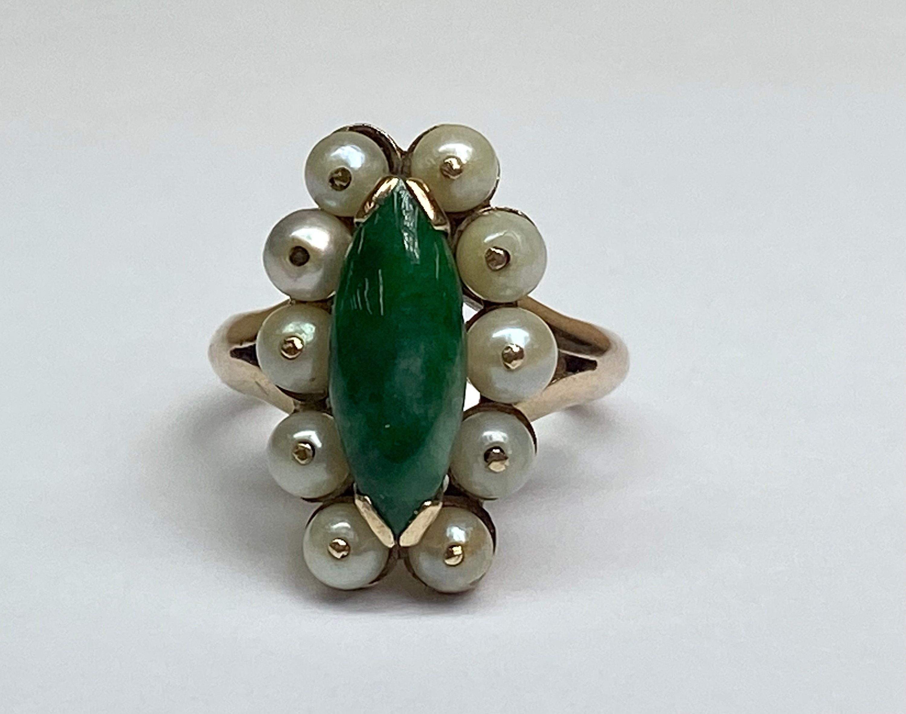 14K Yellow Gold Green Jade & Seed Pearl Ring - Size 4 1/2