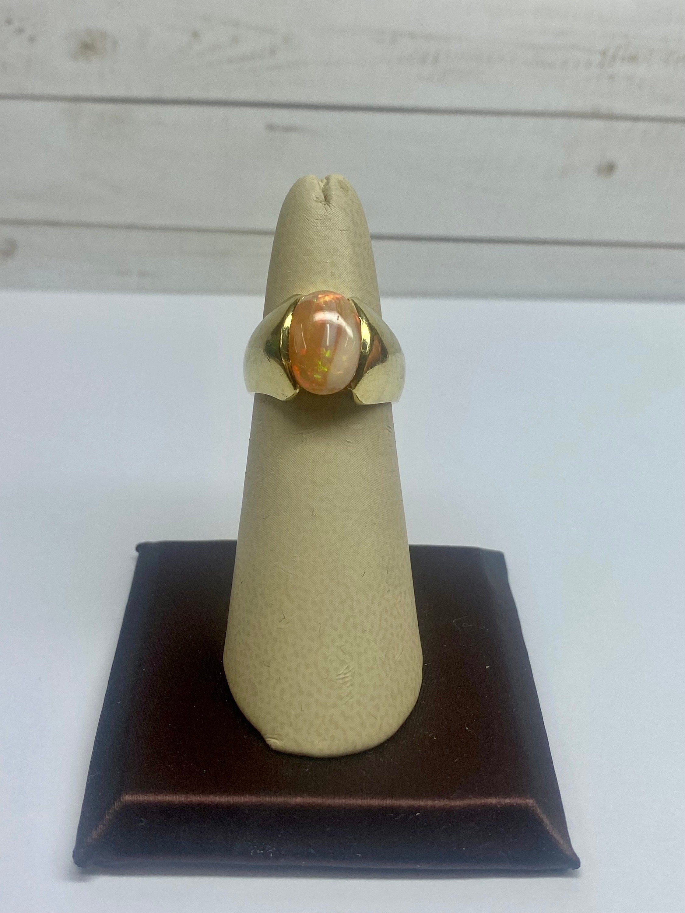 14K Yellow Gold Opal Ring - Oval Cabochon Mens Pinky Ring - Size 6