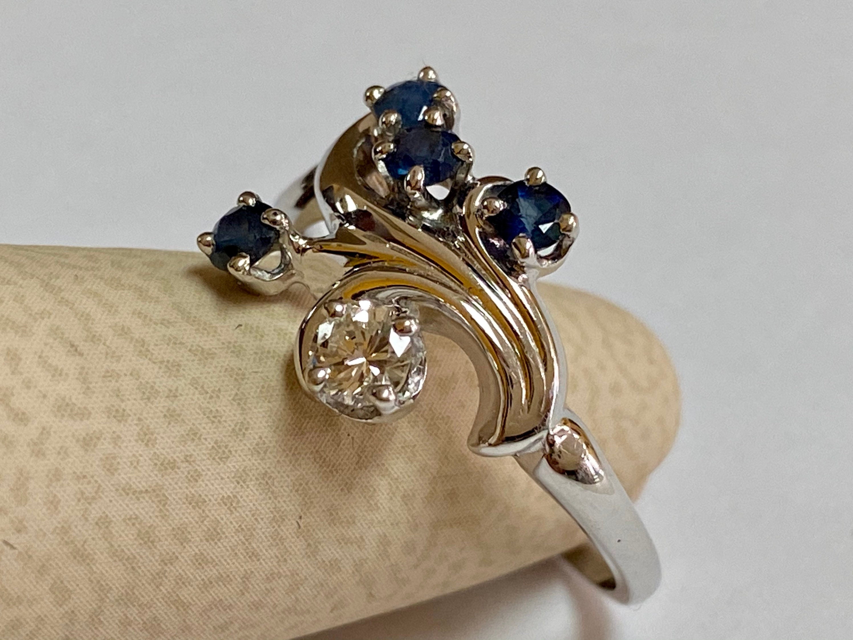 14k Solid White Gold Diamond And Blue Sapphire Statement Ring!!!!!