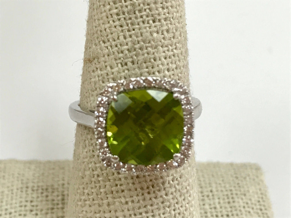 14K White Gold Peridot Ring and Necklace Set: Diamond Accents