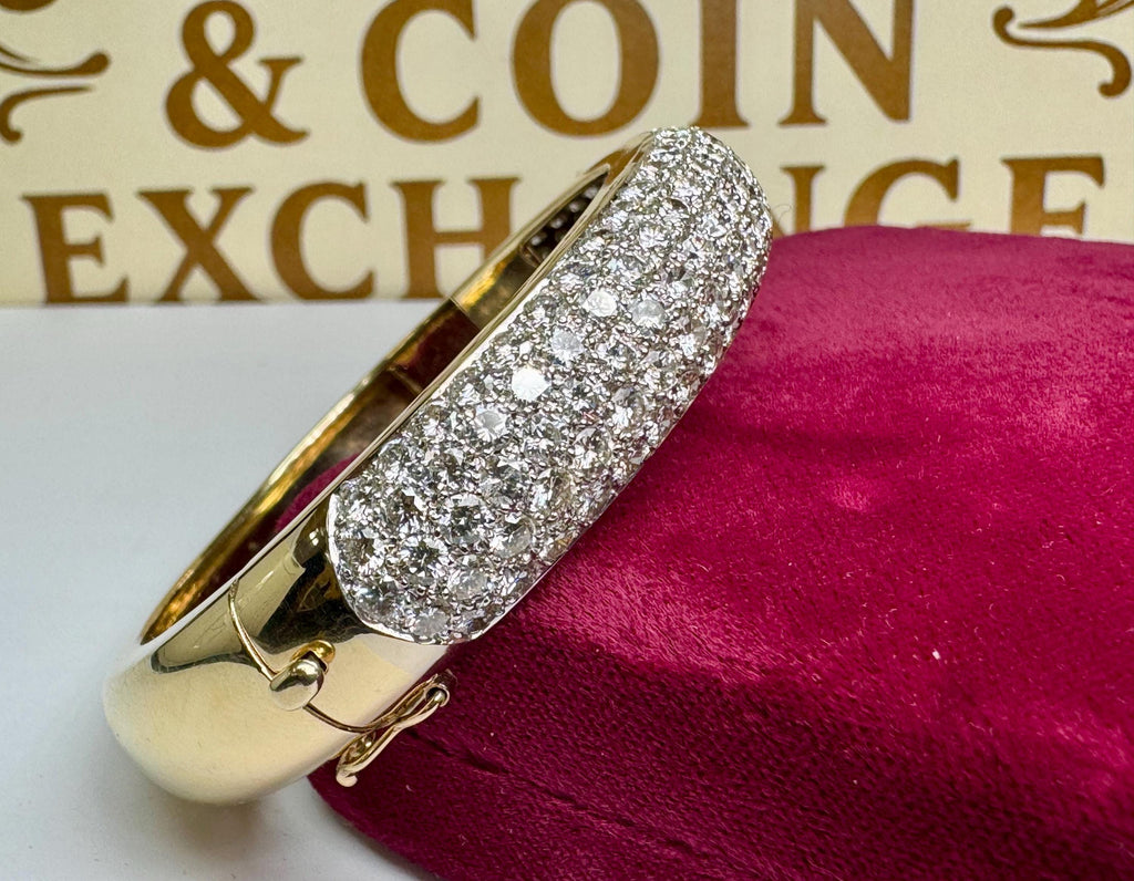 14K Yellow Gold 11.25CTW Diamond Bangle Bracelet: 5-Row Prong Set, F-G Color, VS Clarity