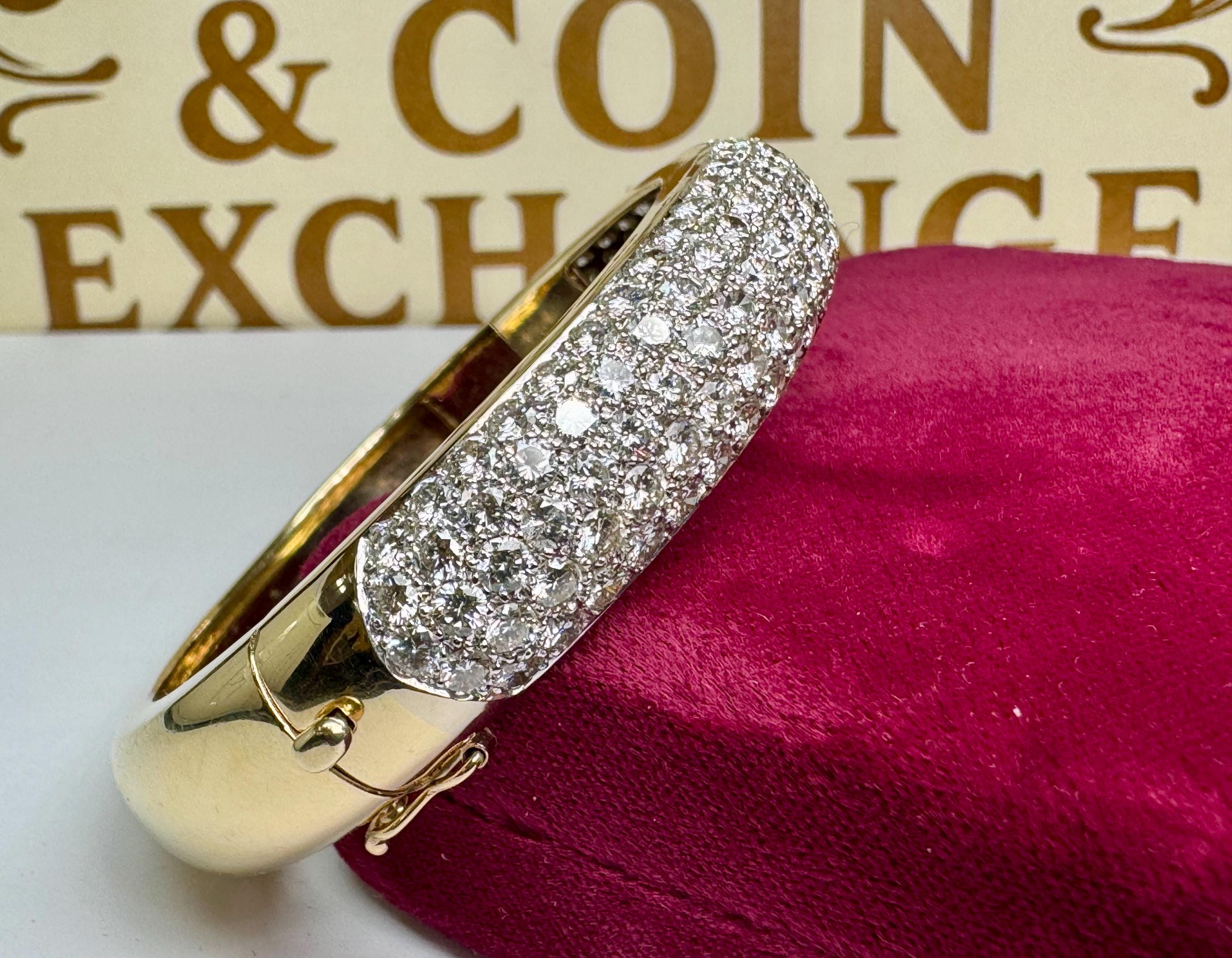 14K Yellow Gold 11.25CTW Diamond Bangle Bracelet: 5-Row Prong Set, F-G Color, VS Clarity