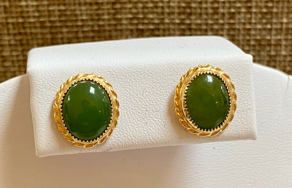 12K Yellow  Gold Filled And Green Jade Cabochon Stud Earring Set!!!!