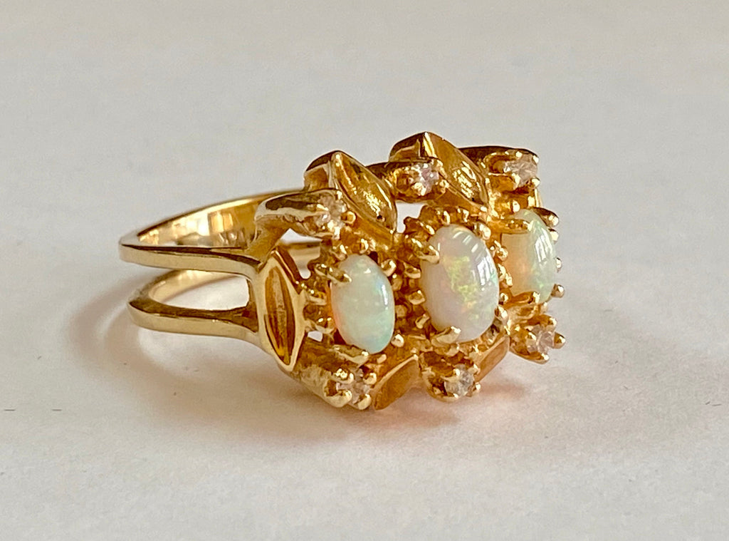 14K Yellow Gold Opal Diamond Ring - Size 6 3/4