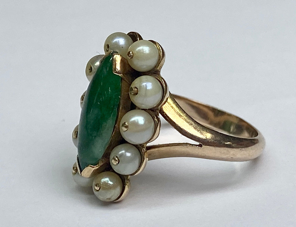 14K Yellow Gold Green Jade & Seed Pearl Ring - Size 4 1/2