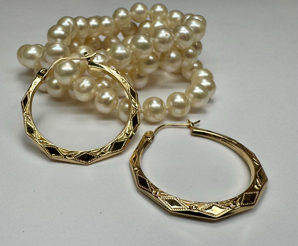 14K Yellow Gold Diamond Etched Hoop Earrings, 1" Hinged Set