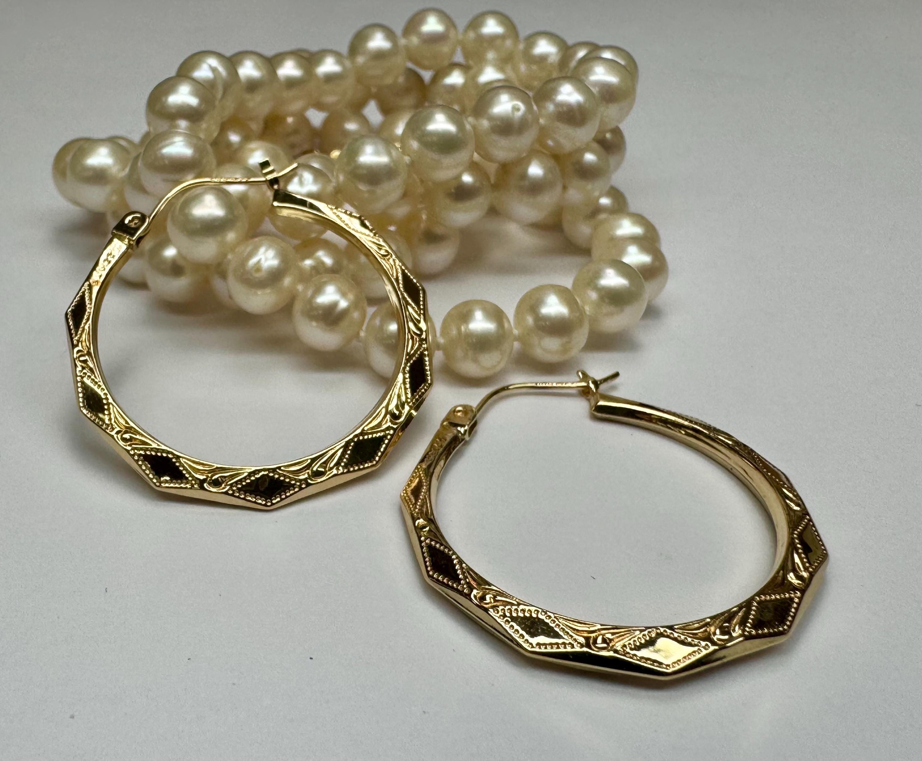 14K Yellow Gold Diamond Etched Hoop Earrings, 1" Hinged Set