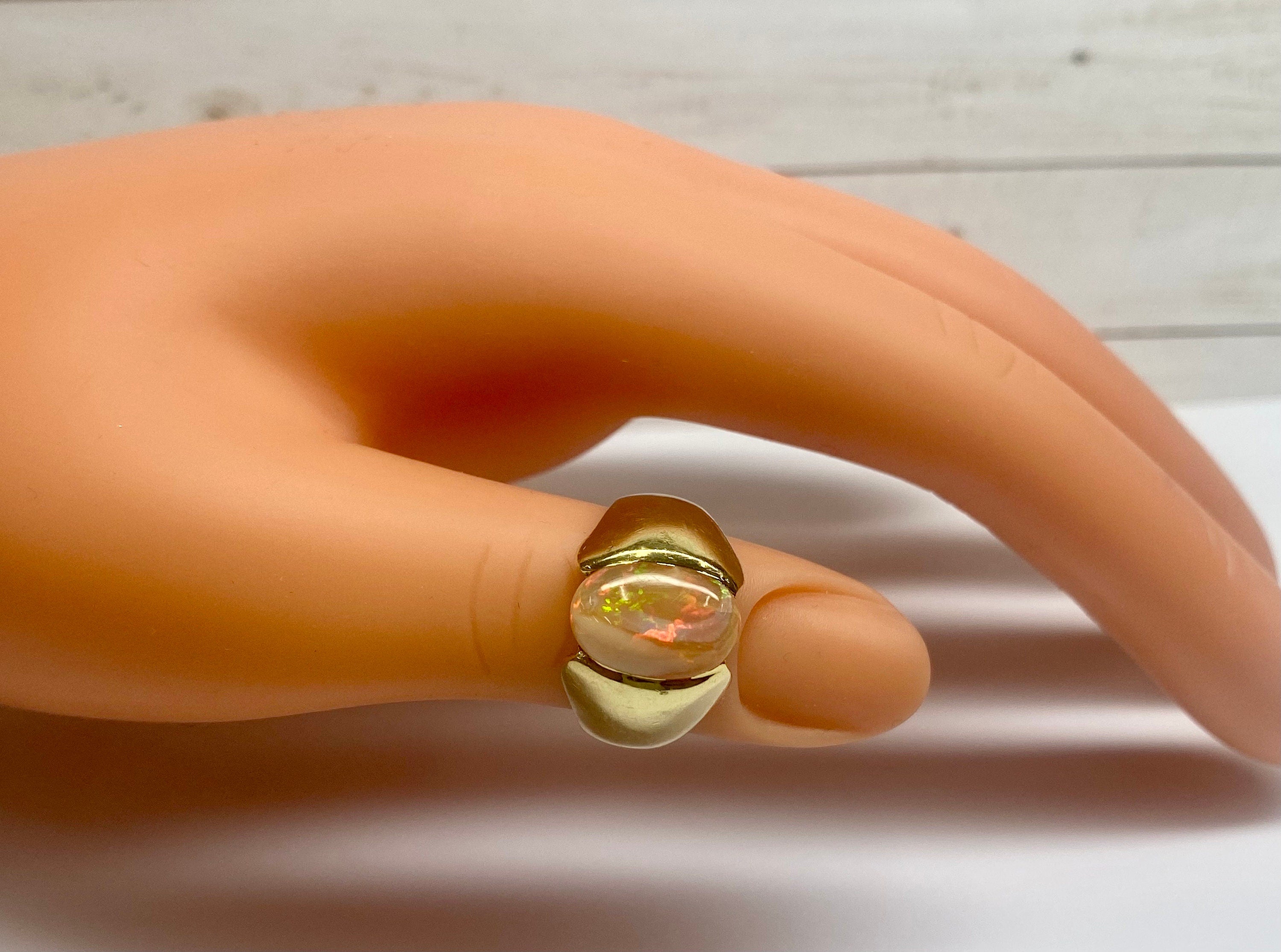 14K Yellow Gold Opal Ring - Oval Cabochon Mens Pinky Ring - Size 6