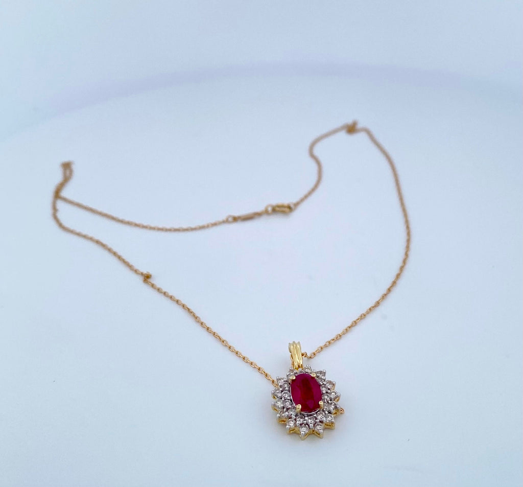 14K Yellow Gold Ruby and Diamond Halo Pendant