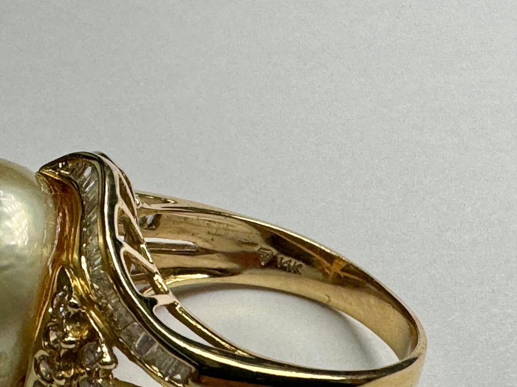 14K Yellow Gold Pearl Diamond Ring: Women's Cocktail Statement Ring