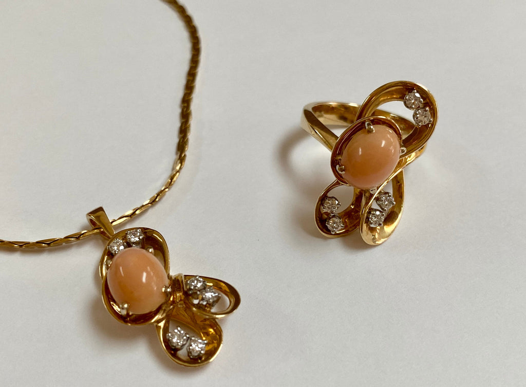 14K Yellow Gold Coral Diamond Necklace Ring Set - Italy 585