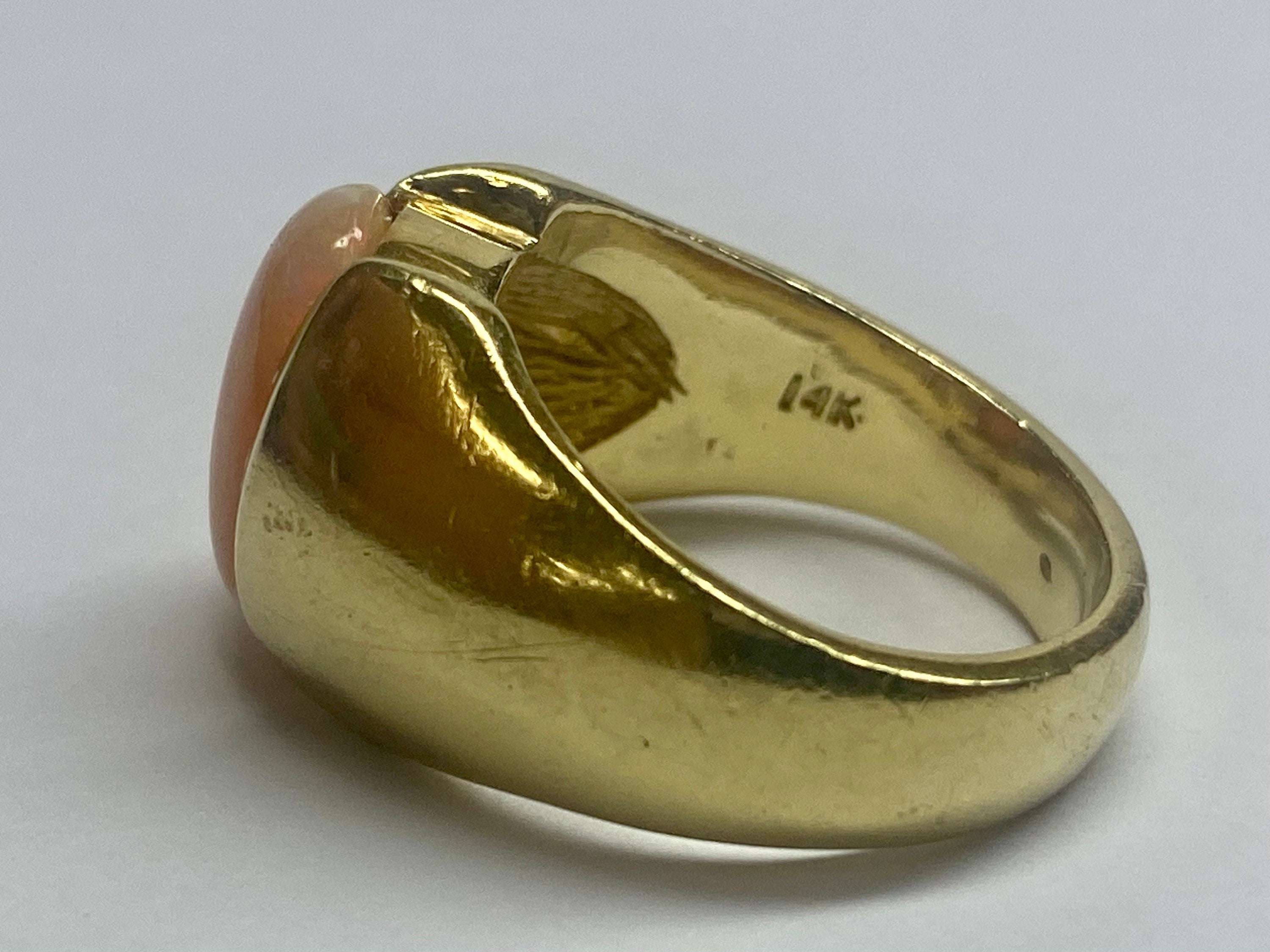 14K Yellow Gold Opal Ring - Oval Cabochon Mens Pinky Ring - Size 6