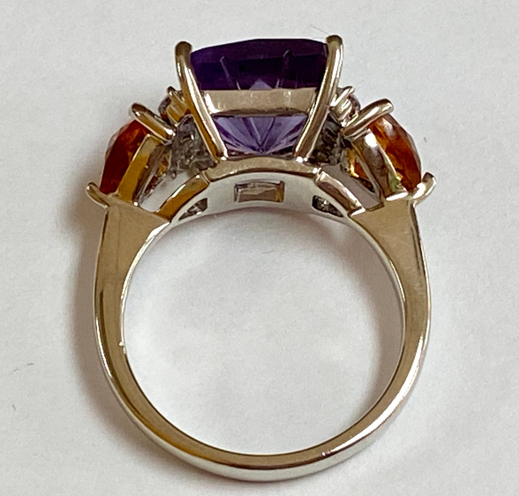 14K White Gold Amethyst Citrine Diamond Ring - Size 7
