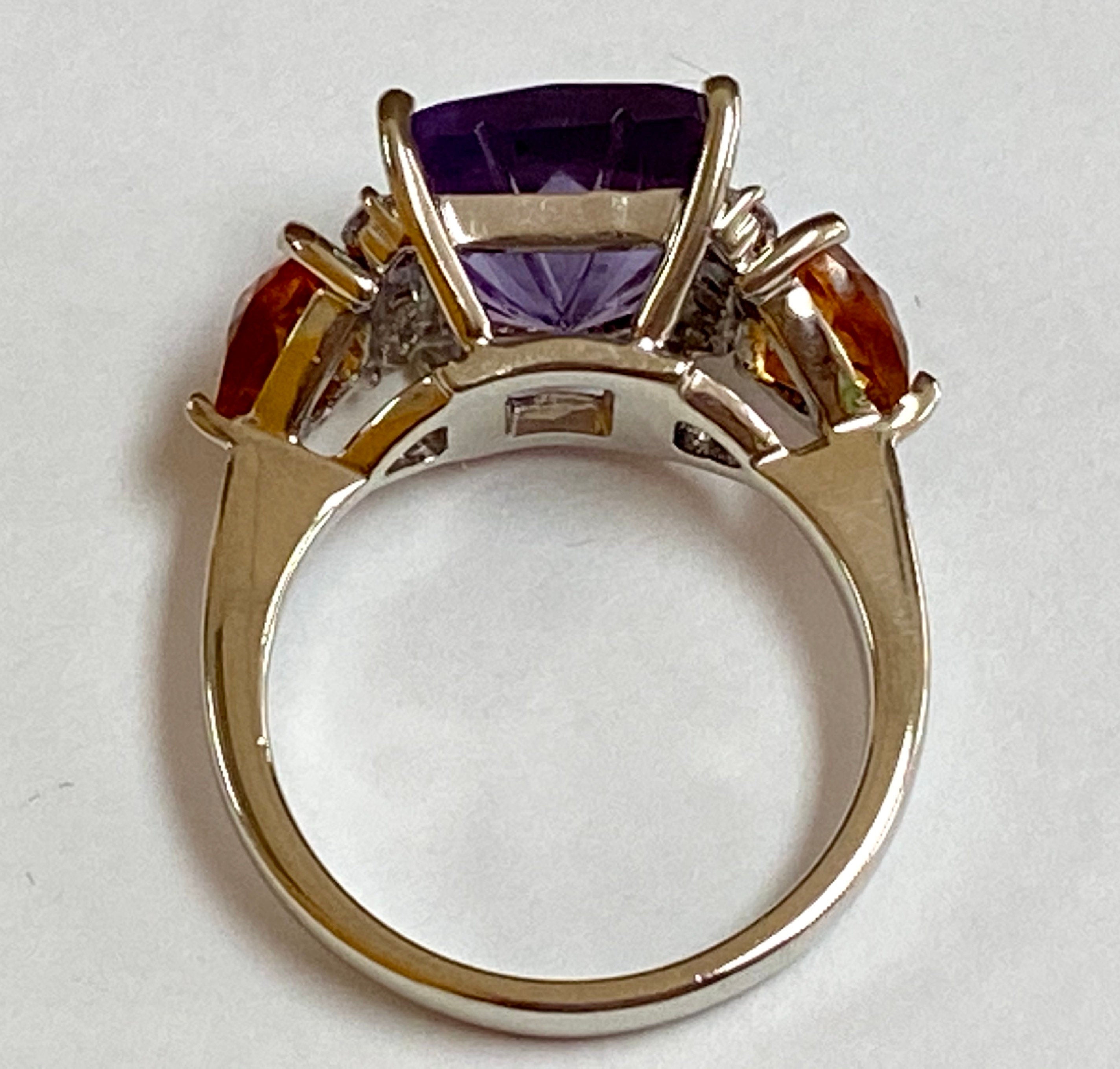 14K White Gold Amethyst Citrine Diamond Ring - Size 7