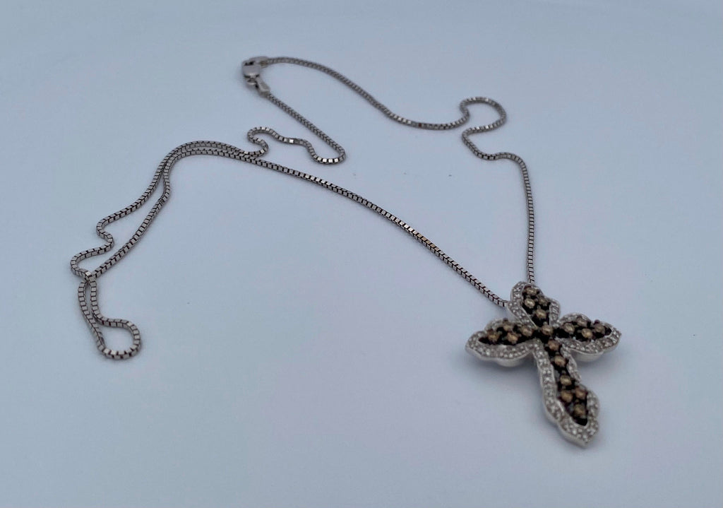 18K White Gold Diamond Cross Pendant: Champagne & White Diamonds