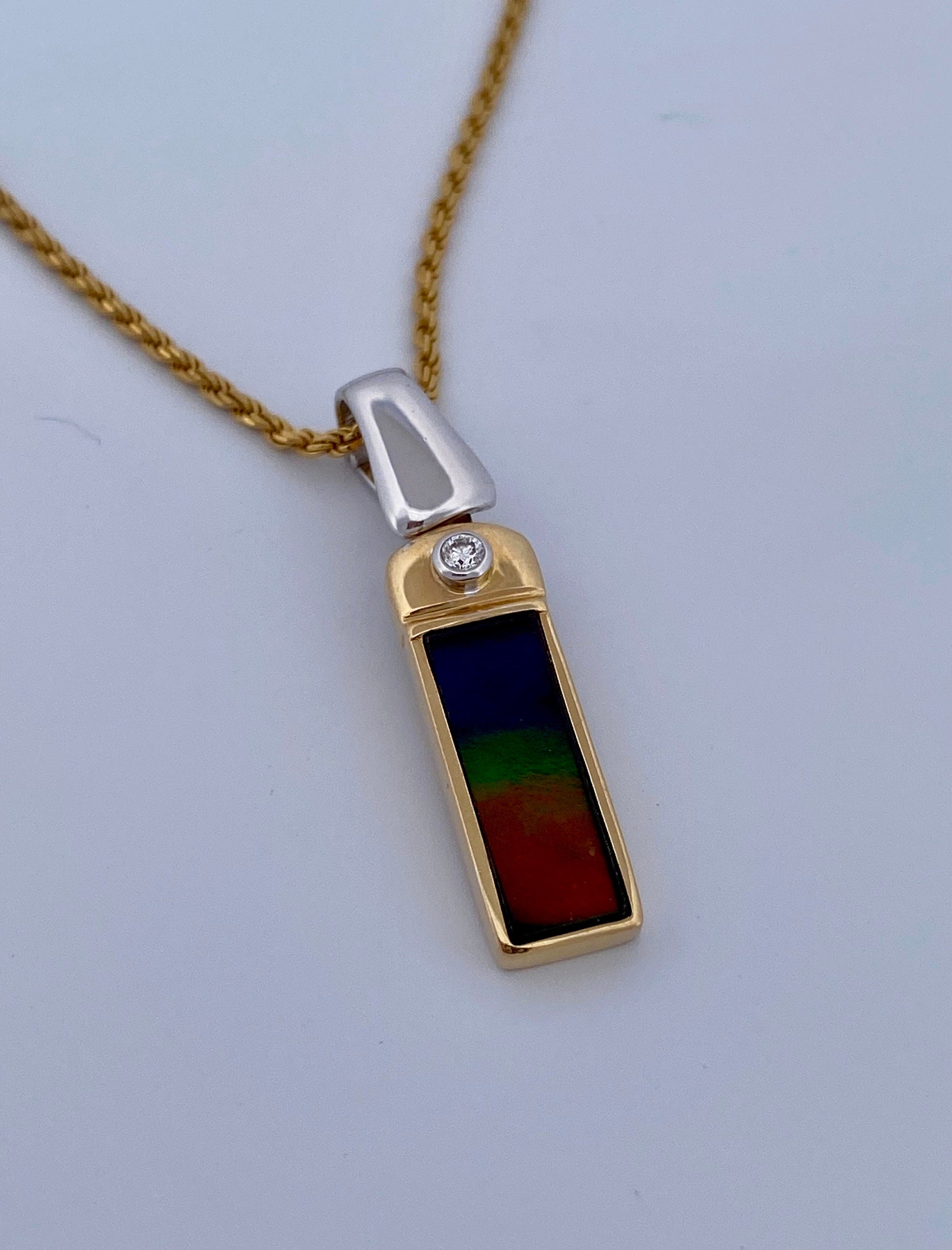 18K Gold Ammolite & Diamond Pendant Necklace - Two Tone, 30" Rope Chain