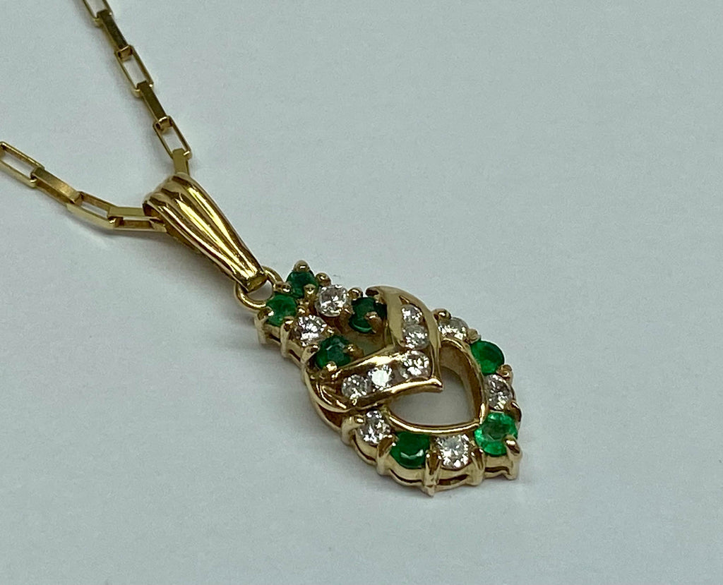14k Yellow Gold Diamond & Emerald Double Heart Pendant