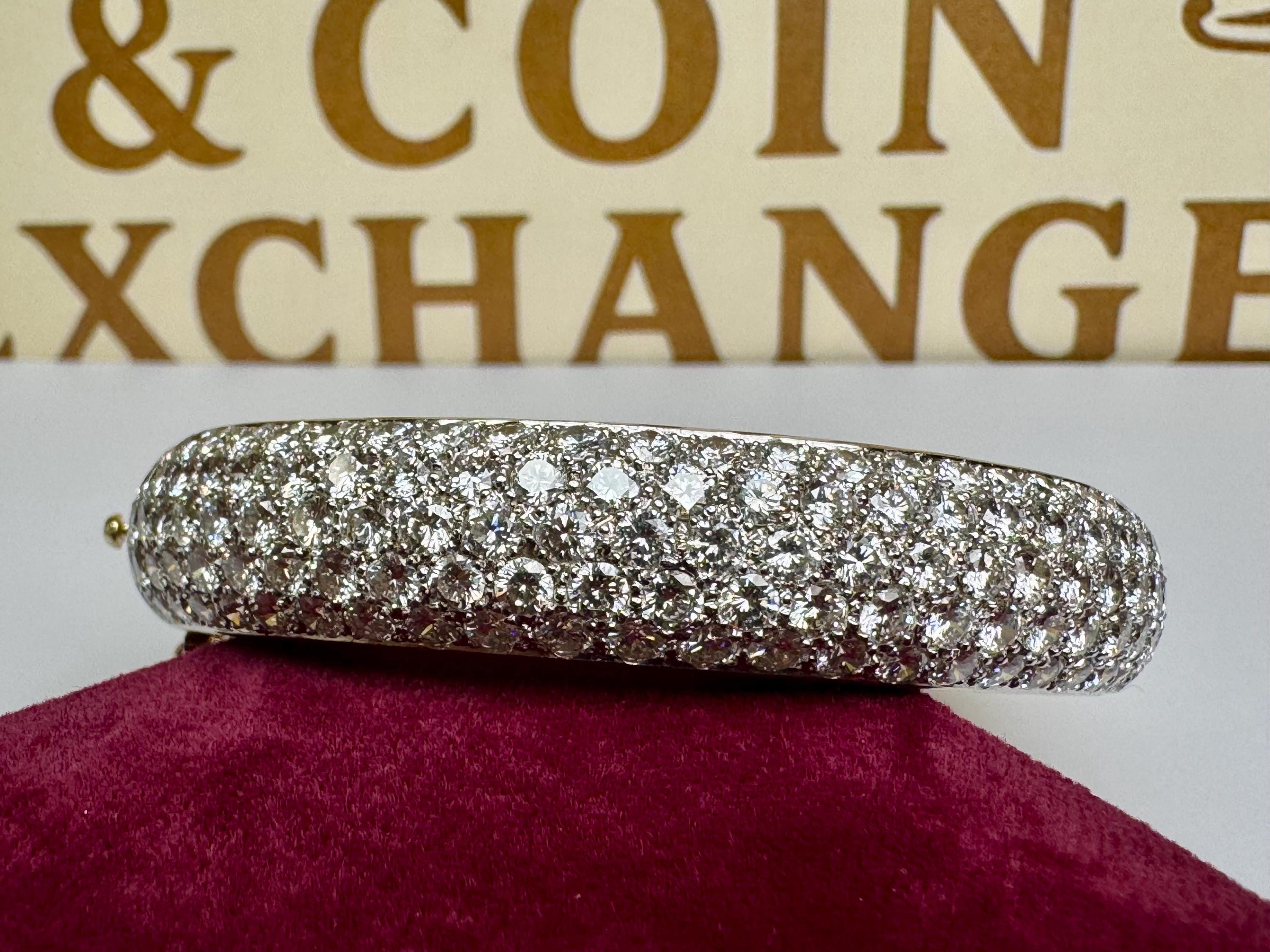 14K Yellow Gold 11.25CTW Diamond Bangle Bracelet: 5-Row Prong Set, F-G Color, VS Clarity