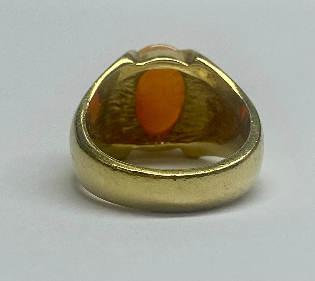 14K Yellow Gold Opal Ring - Oval Cabochon Mens Pinky Ring - Size 6