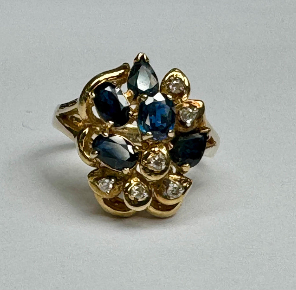 14K Yellow Gold Sapphire Diamond Ring - Size 6 1/2