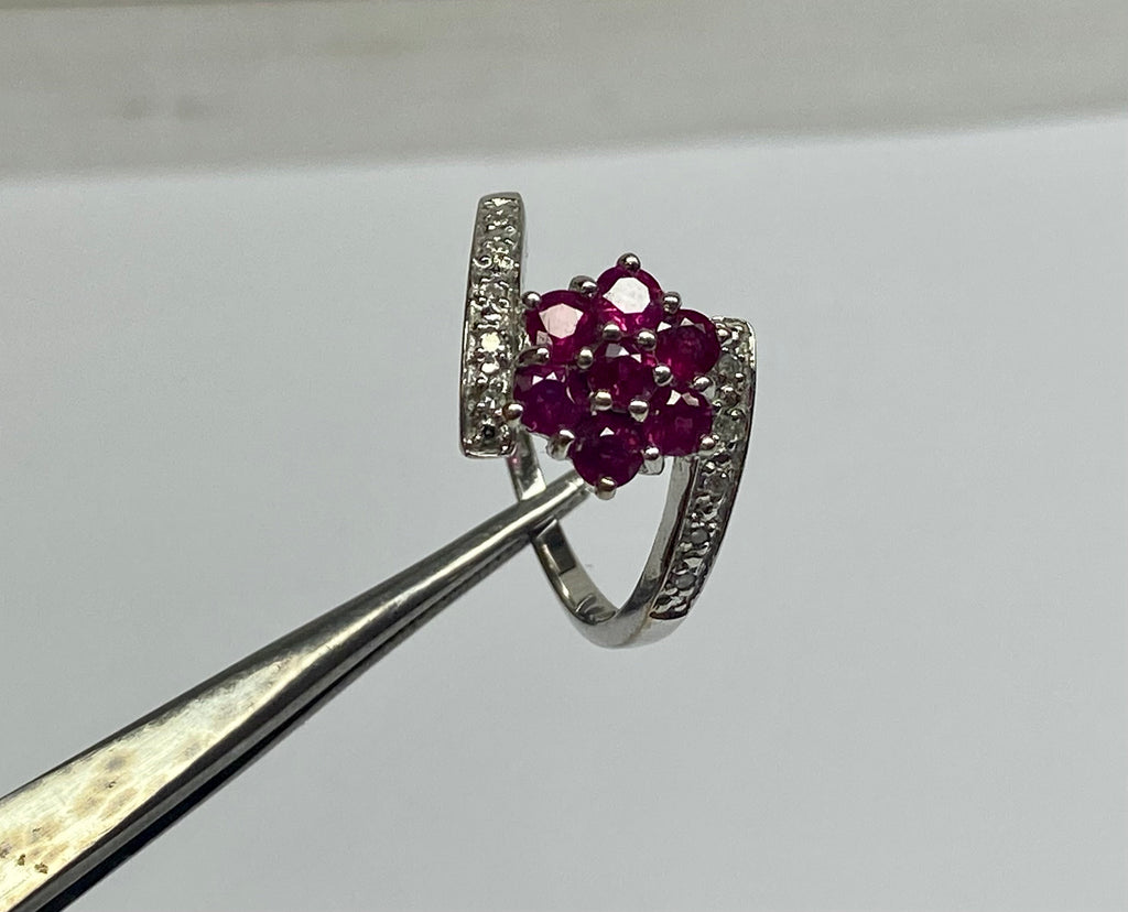 18K White Gold Burmese Ruby Diamond Floral Ring - Size 6 3/4