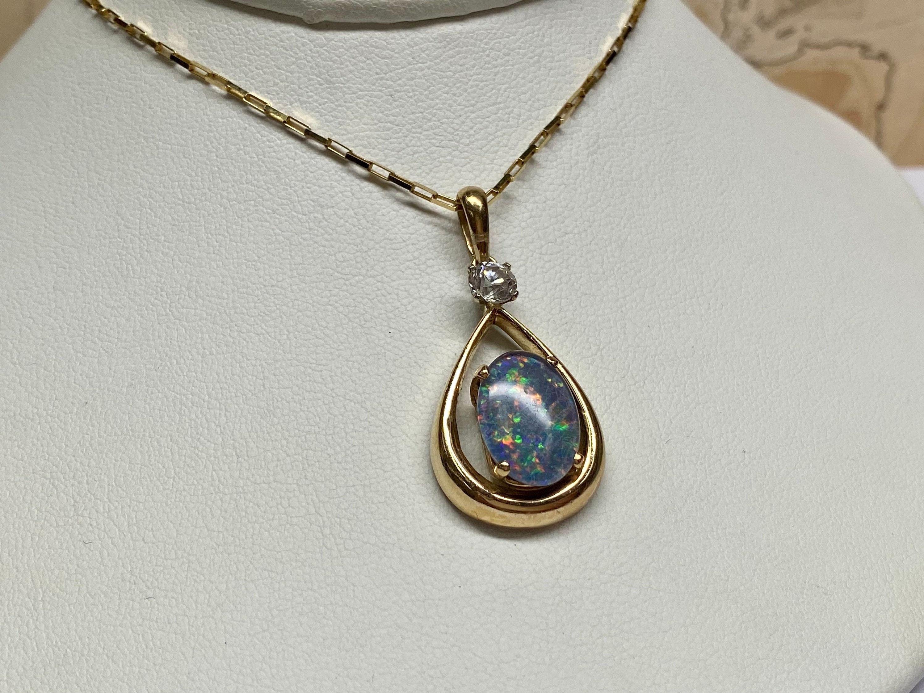 14K Yellow Gold Black Fire Opal & Diamond Teardrop Pendant