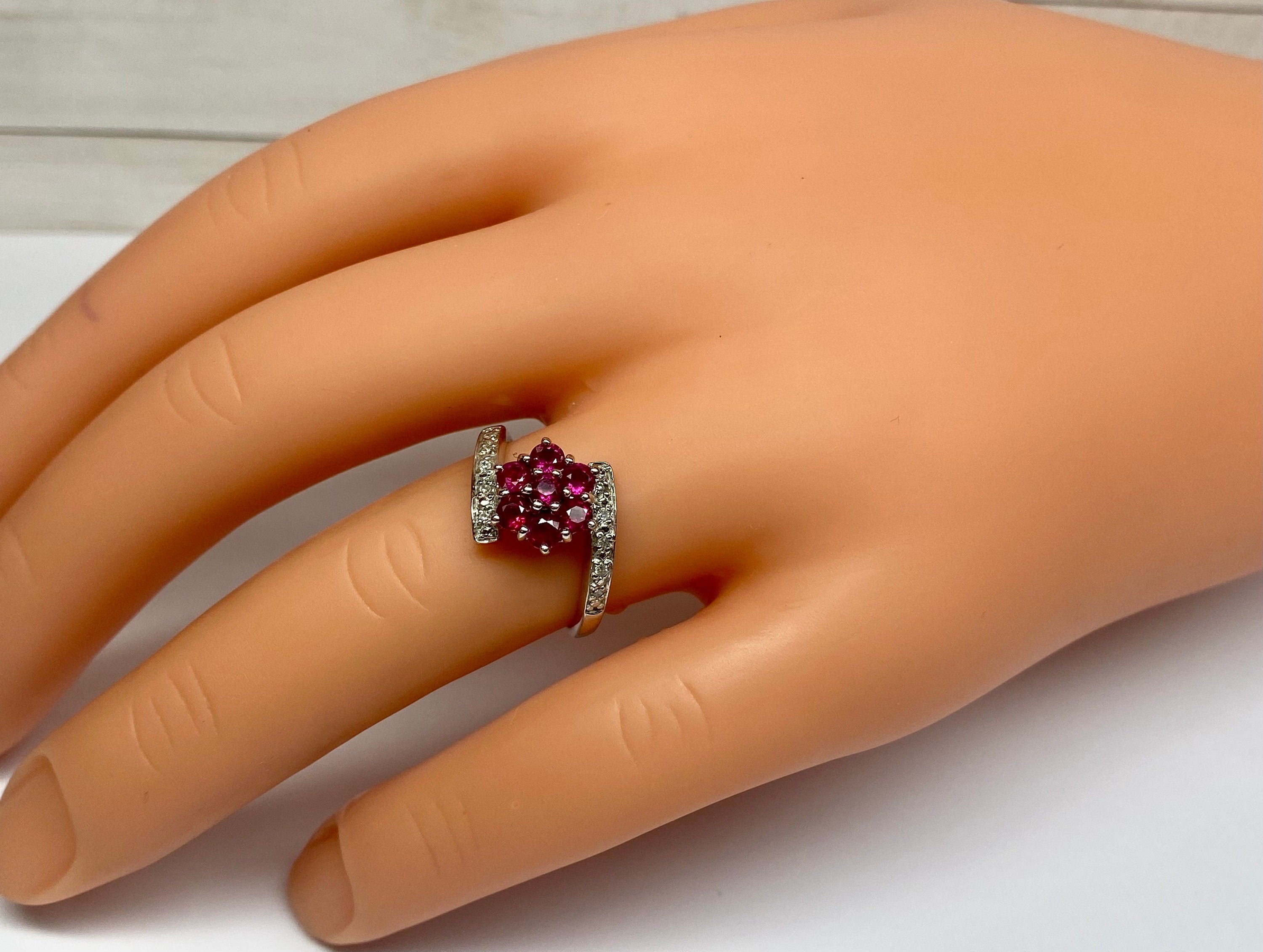 18K White Gold Burmese Ruby Diamond Floral Ring - Size 6 3/4