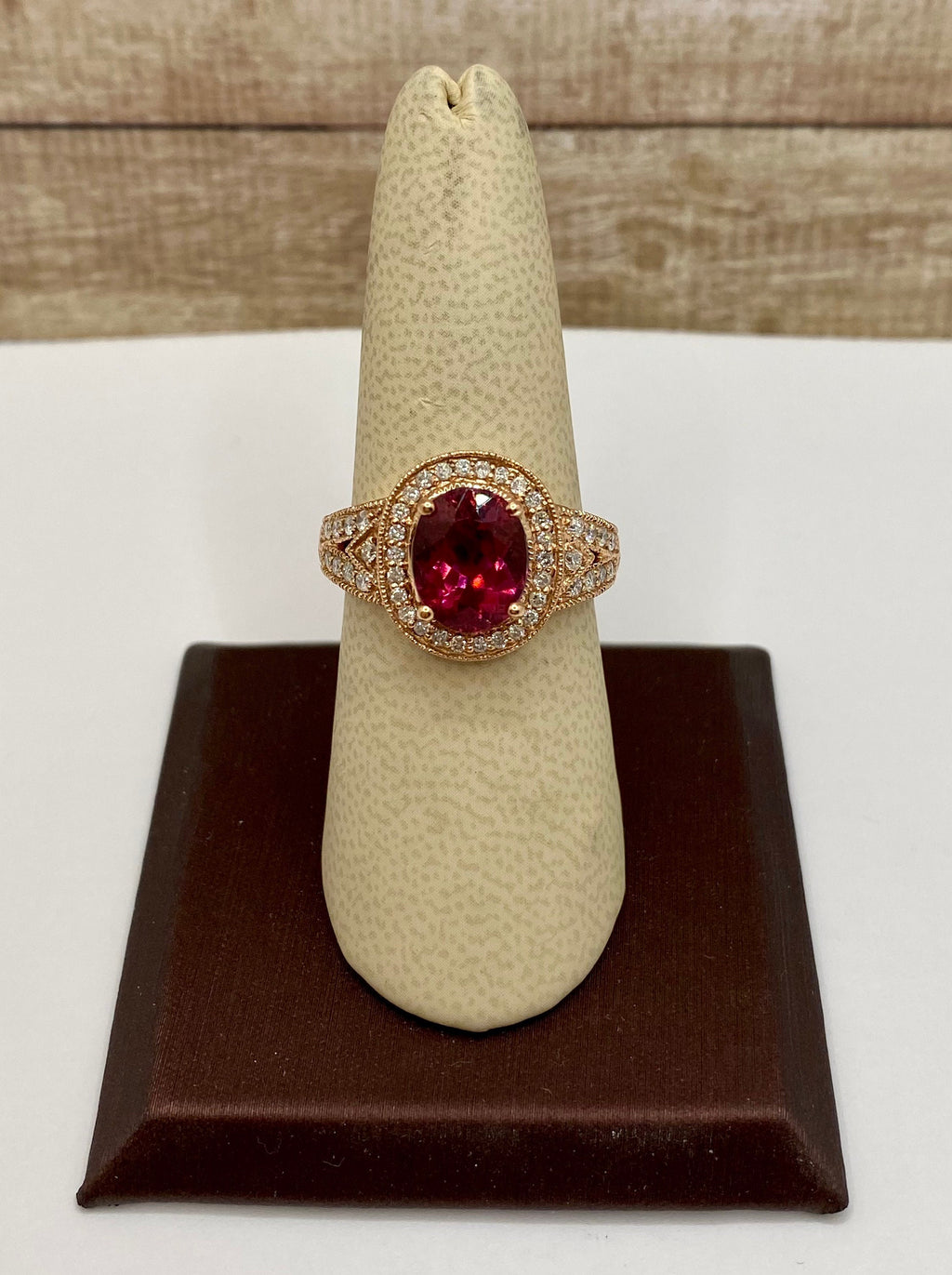 14K Rose Gold Ruby Diamond Halo Ring, Size 8.25