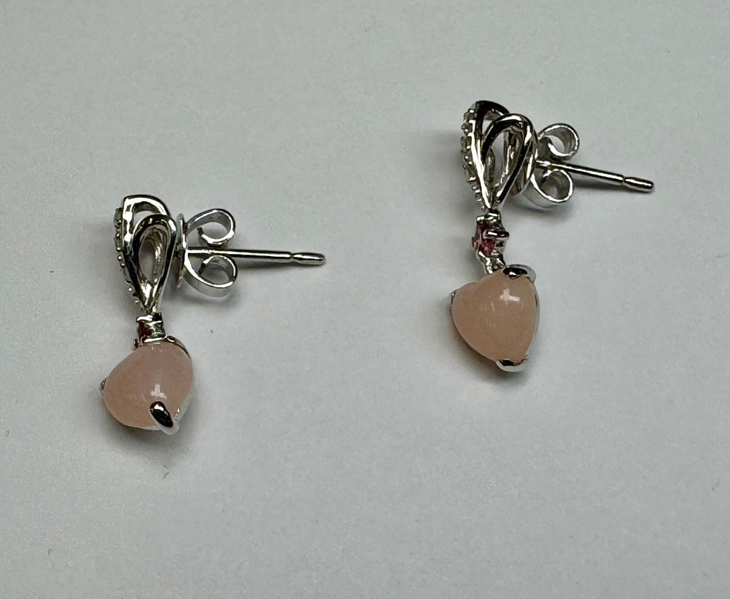 18K White Gold Heart Earrings: Pink Jadeite & Diamond Drops