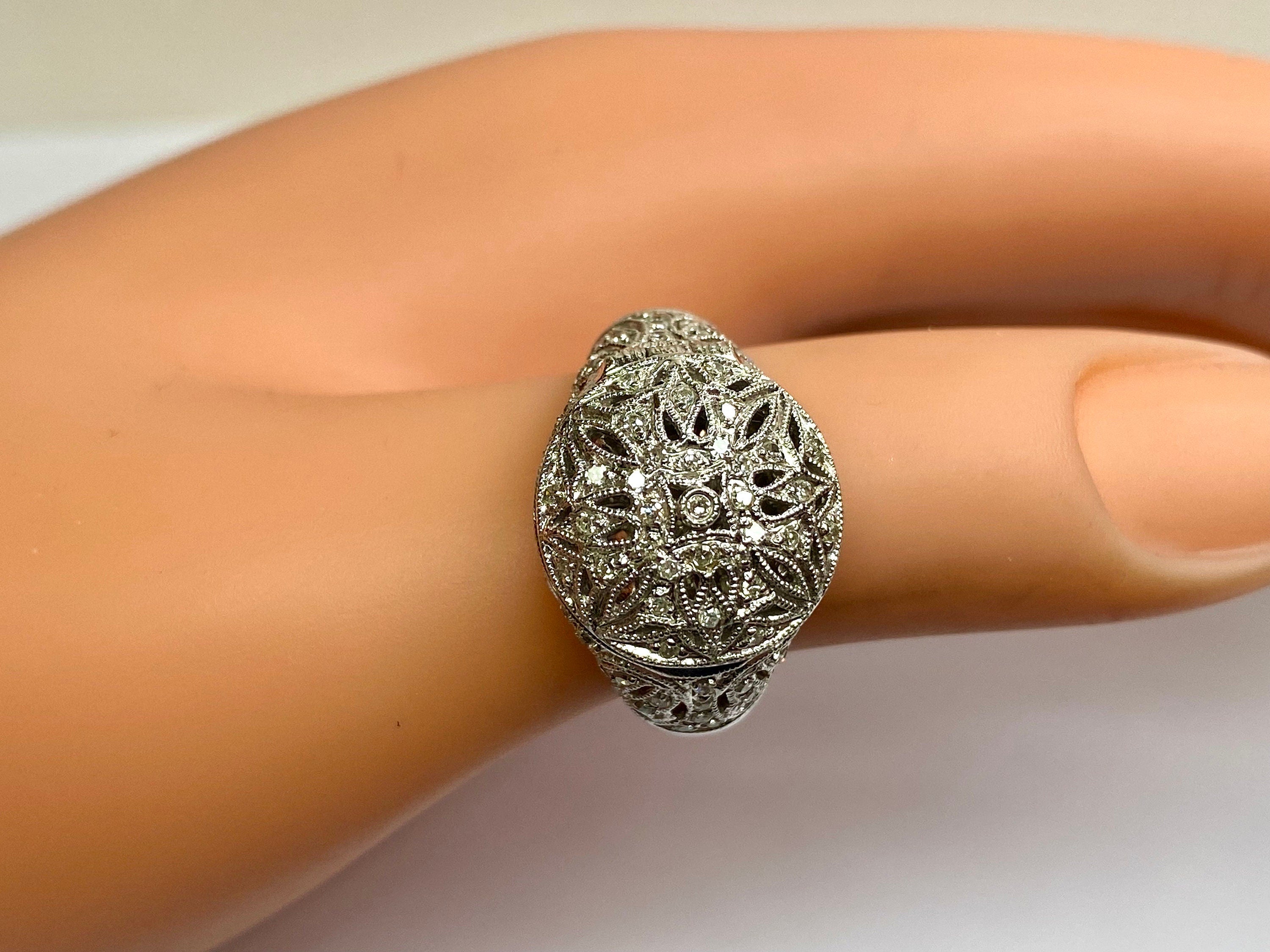 14K White Gold Diamond Filigree Dome Locket Ring - Size 7
