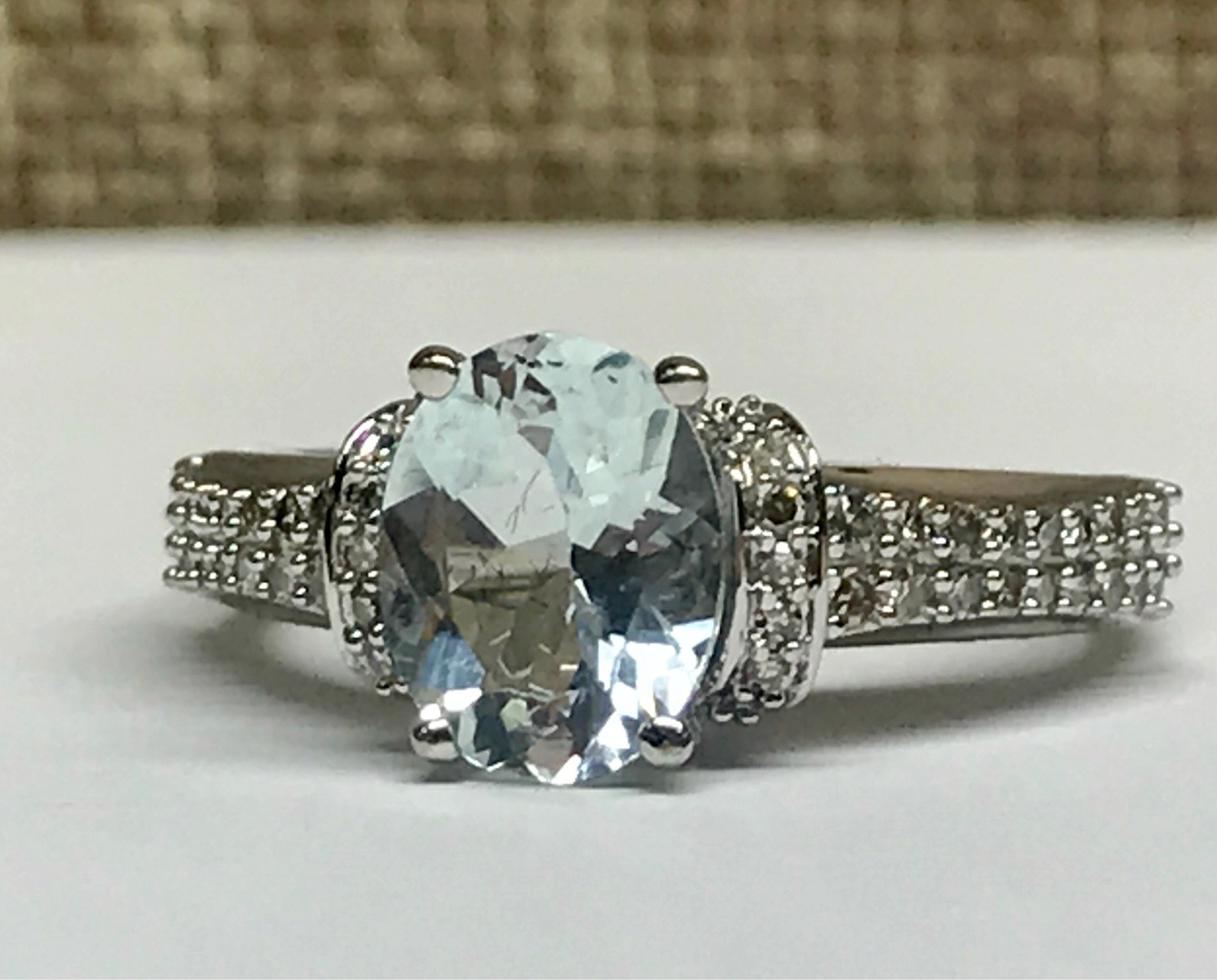 14K White Gold Aquamarine Ring with Diamond Accents, Size 7
