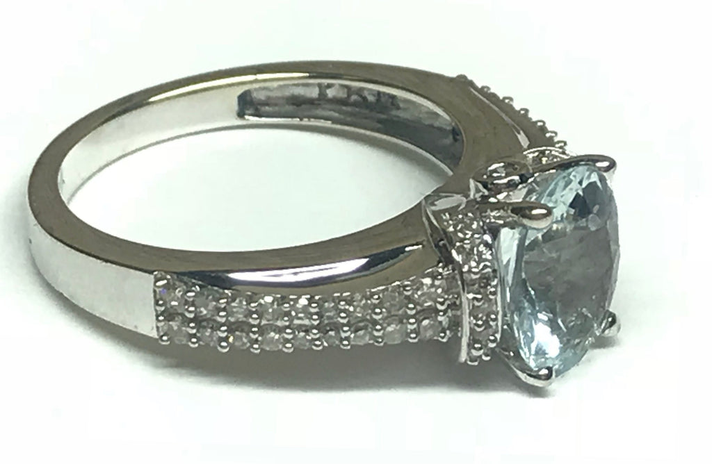 14K White Gold Aquamarine Ring with Diamond Accents, Size 7