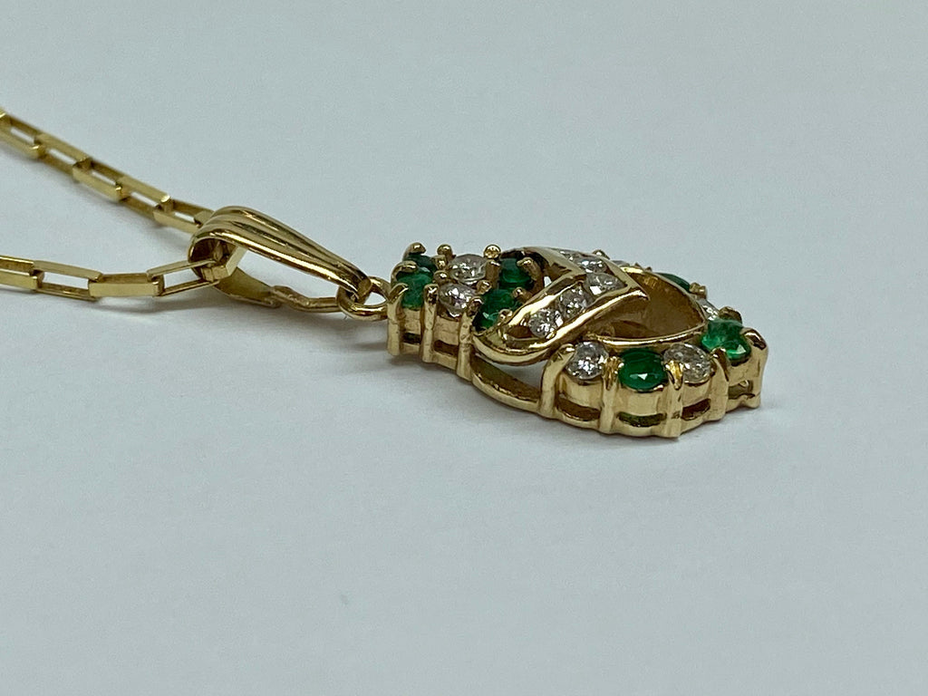 14k Yellow Gold Diamond & Emerald Double Heart Pendant