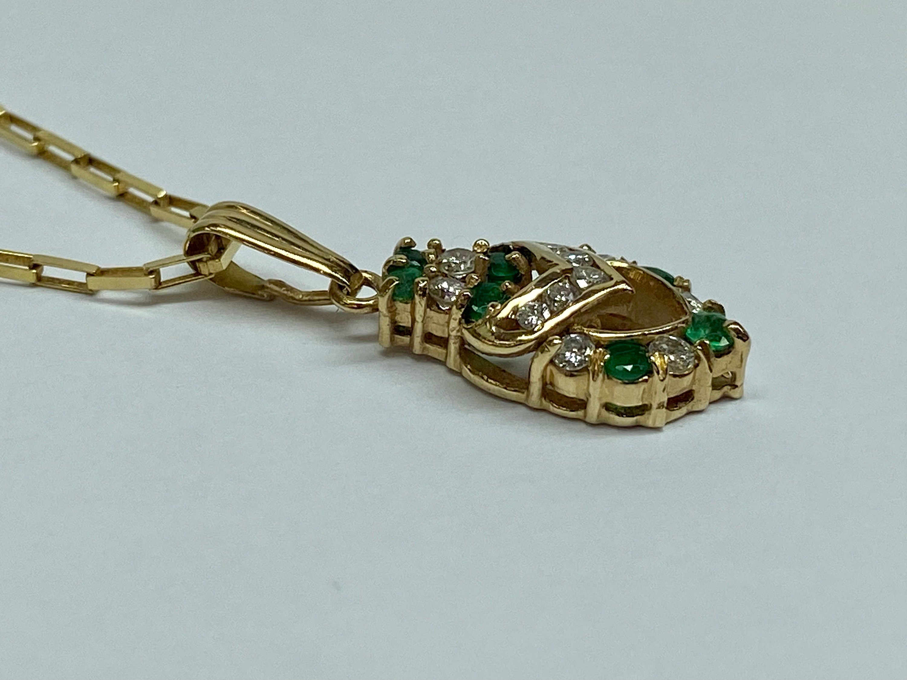 14k Yellow Gold Diamond & Emerald Double Heart Pendant