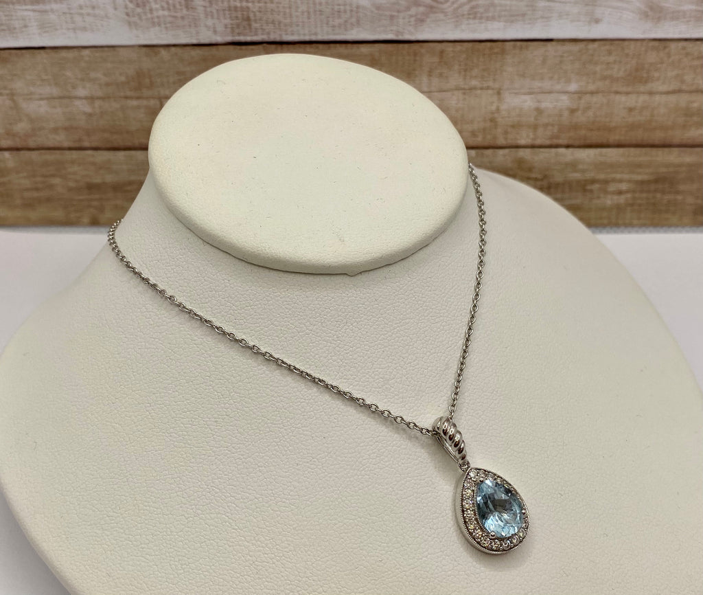 14K White Gold Necklace: Diamond & Pear Blue Topaz Pendant