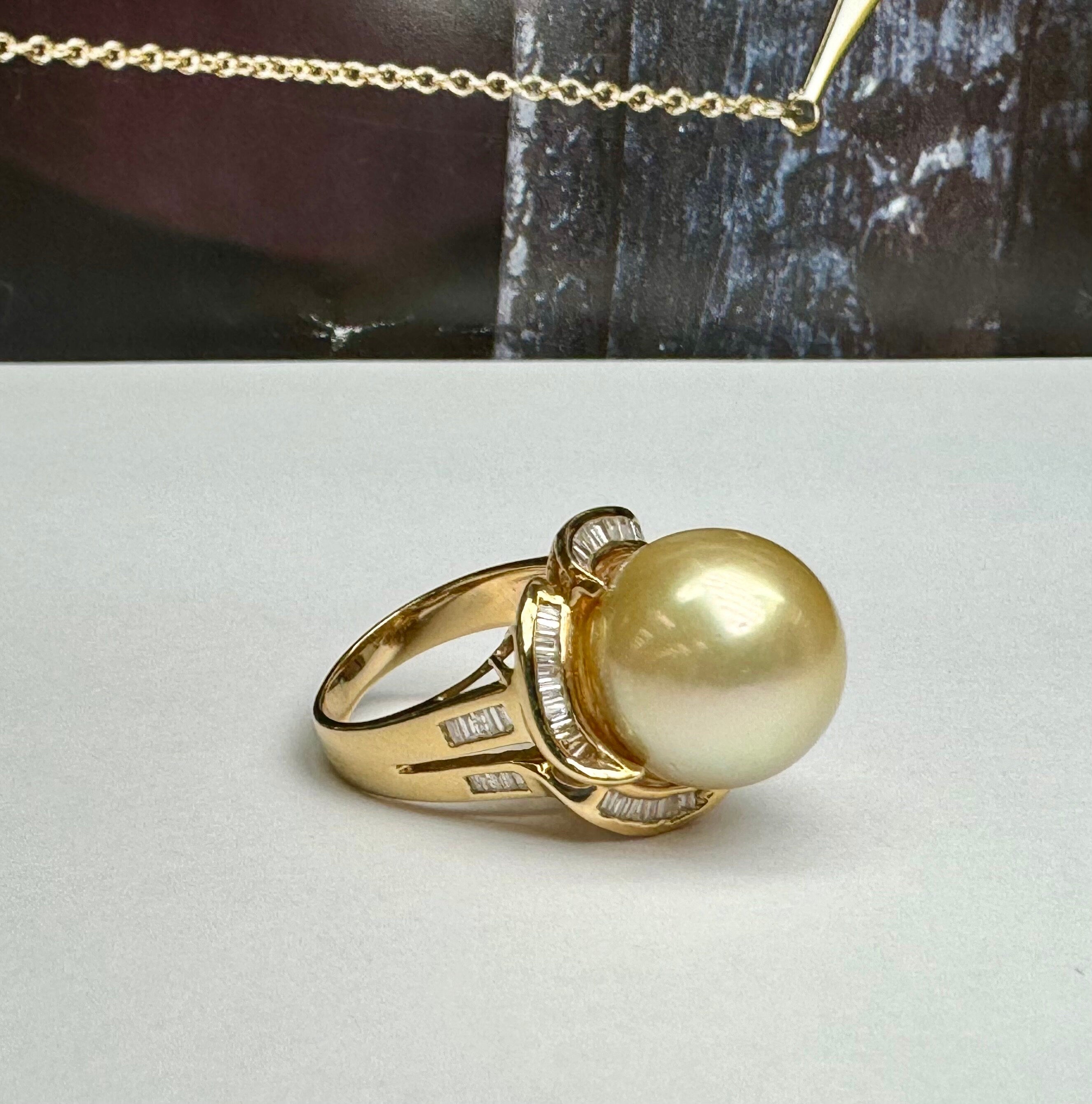 14K Yellow Gold Pearl Diamond Ring: Women's Cocktail Statement Ring
