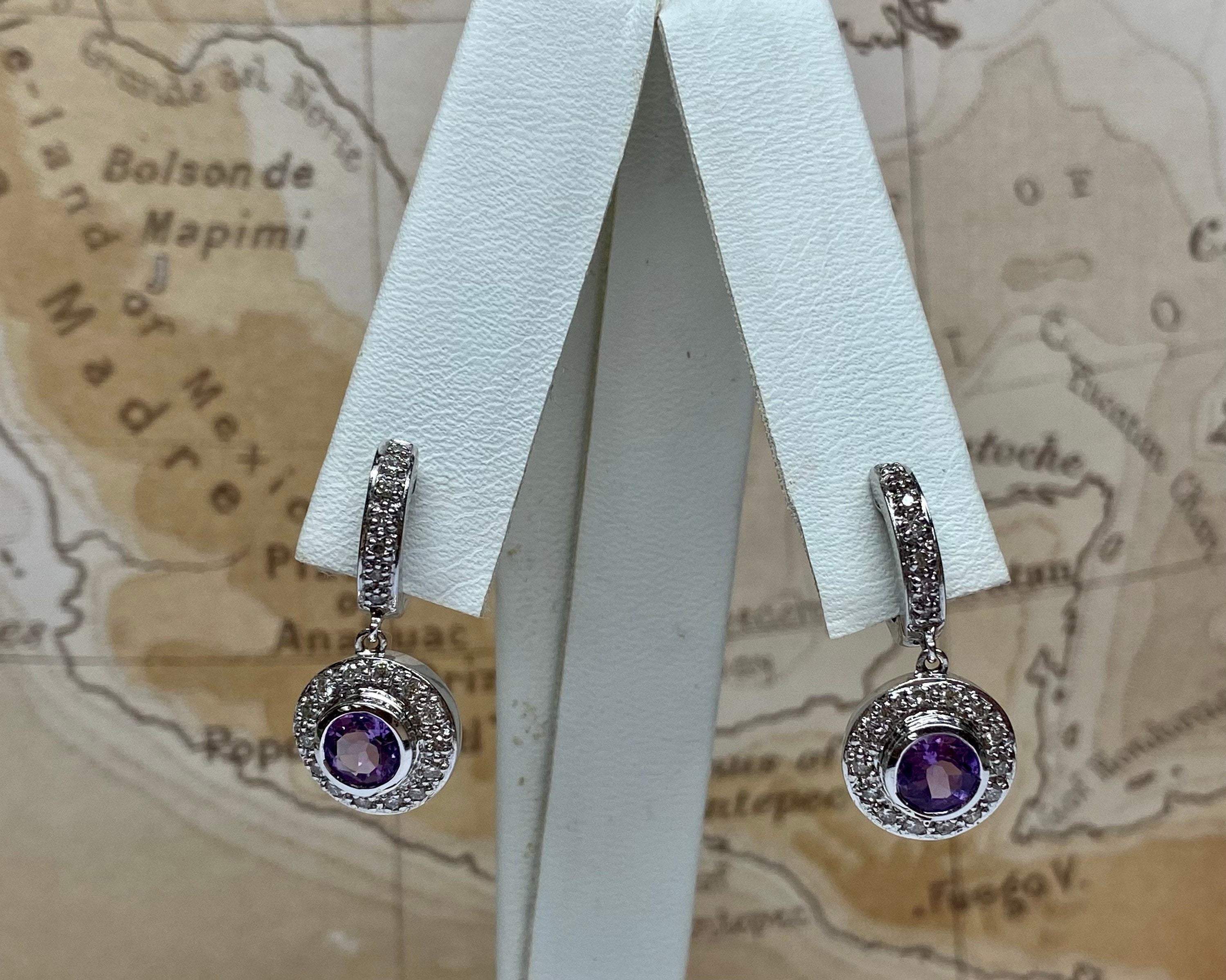 18K White Gold Diamond Amethyst Drop Earrings