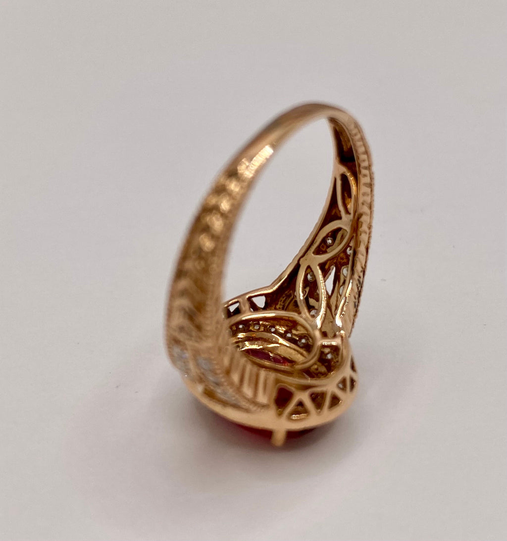 14K Rose Gold Ruby Diamond Halo Ring, Size 8.25