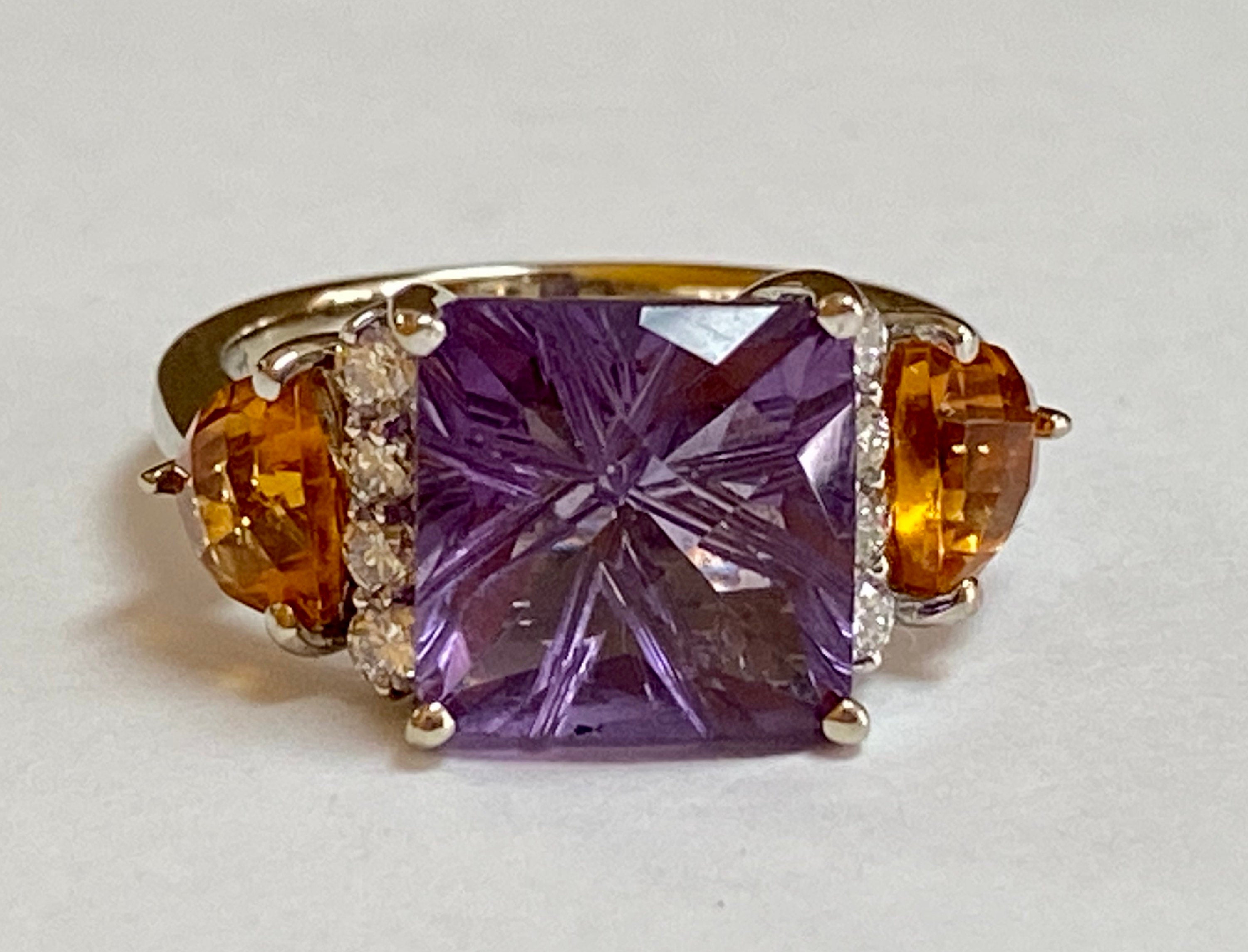 14K White Gold Amethyst Citrine Diamond Ring - Size 7