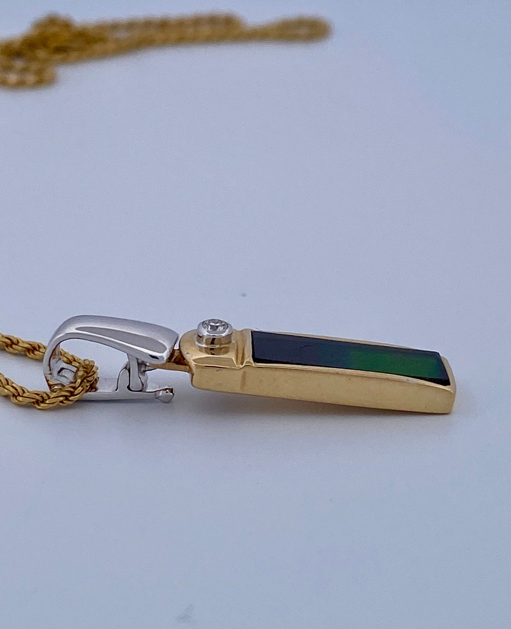 18K Gold Ammolite & Diamond Pendant Necklace - Two Tone, 30" Rope Chain