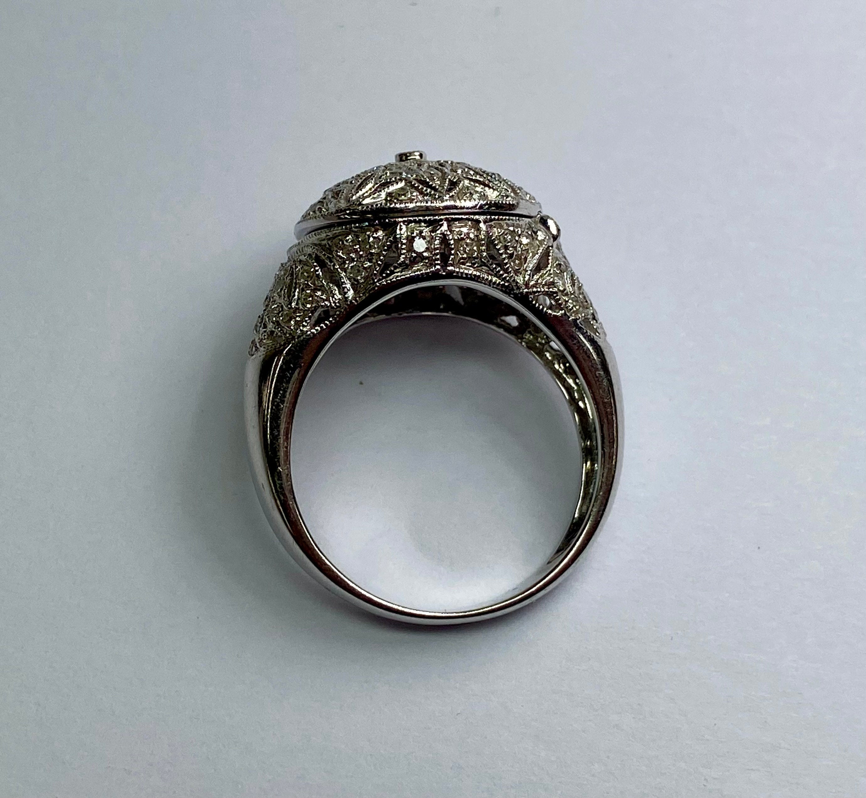 14K White Gold Diamond Filigree Dome Locket Ring - Size 7