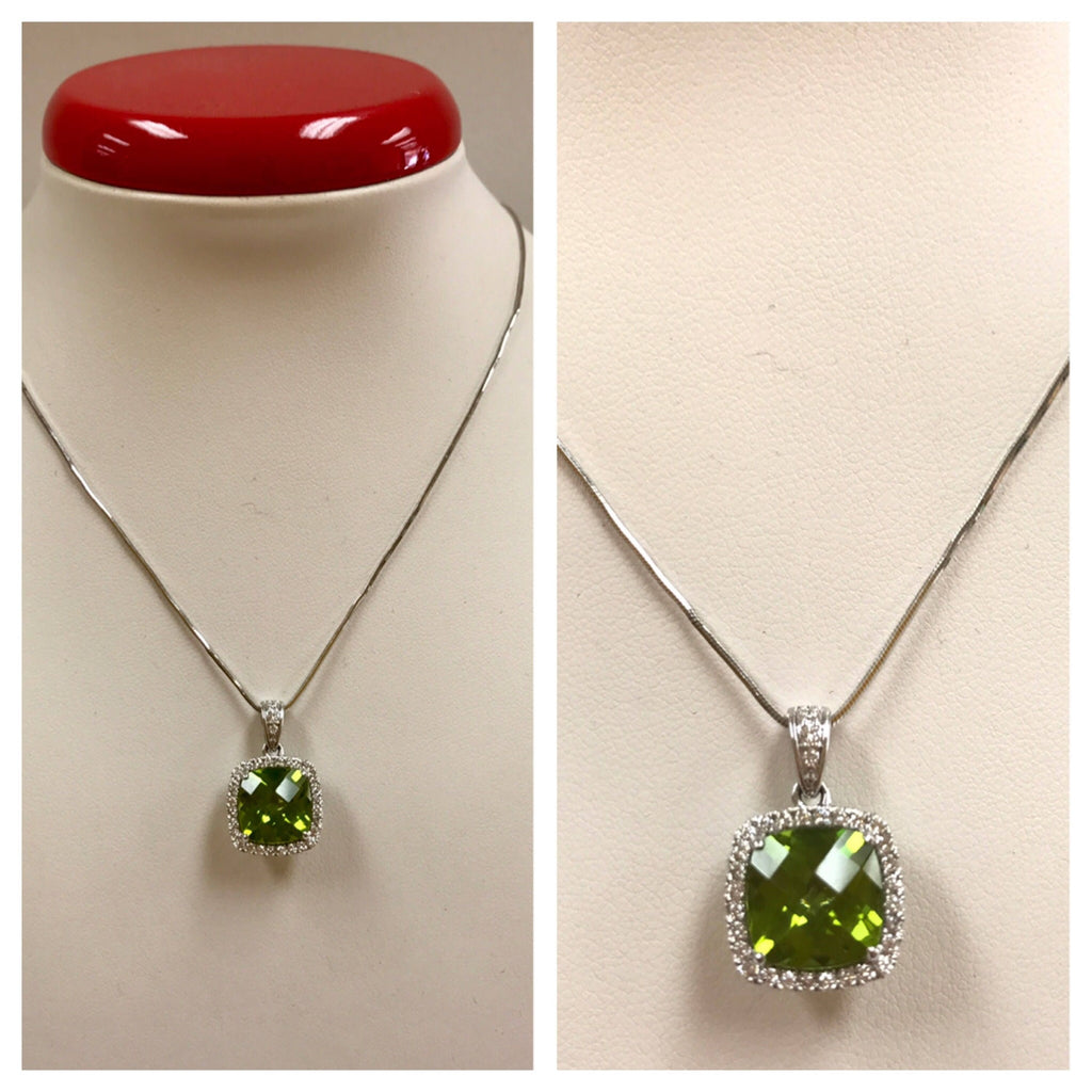 14K White Gold Peridot Ring and Necklace Set: Diamond Accents