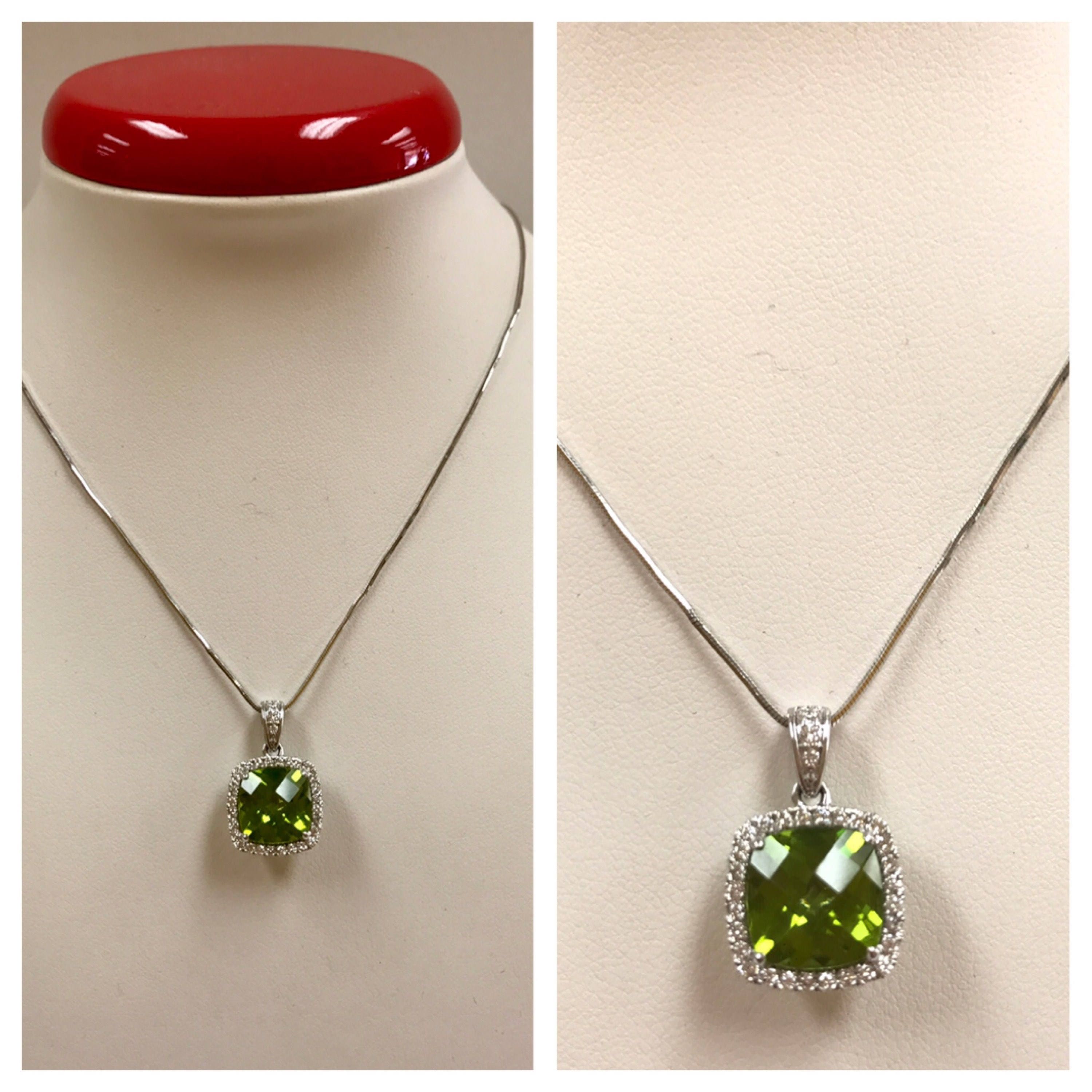 14K White Gold Peridot Ring and Necklace Set: Diamond Accents