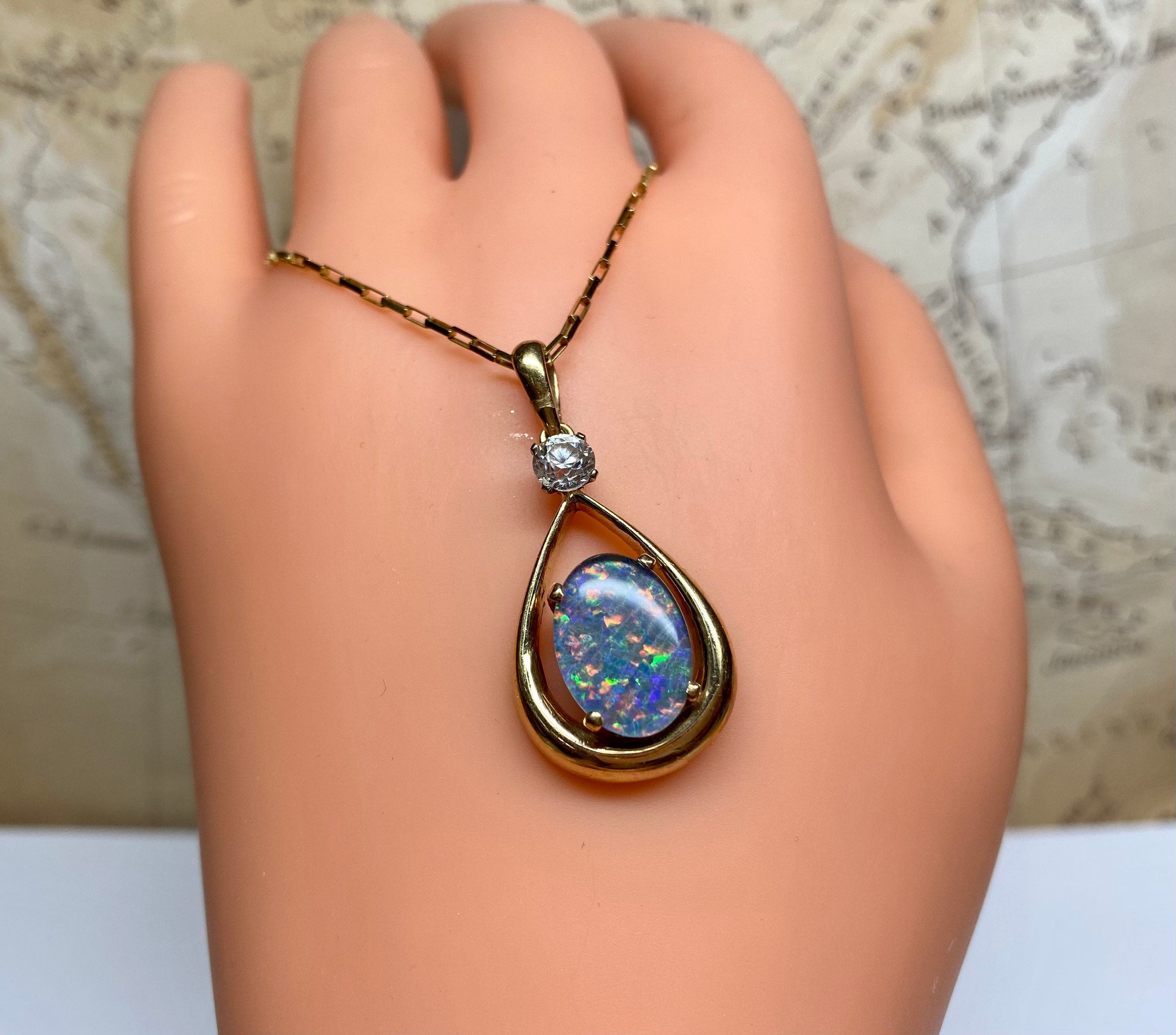 14K Yellow Gold Black Fire Opal & Diamond Teardrop Pendant