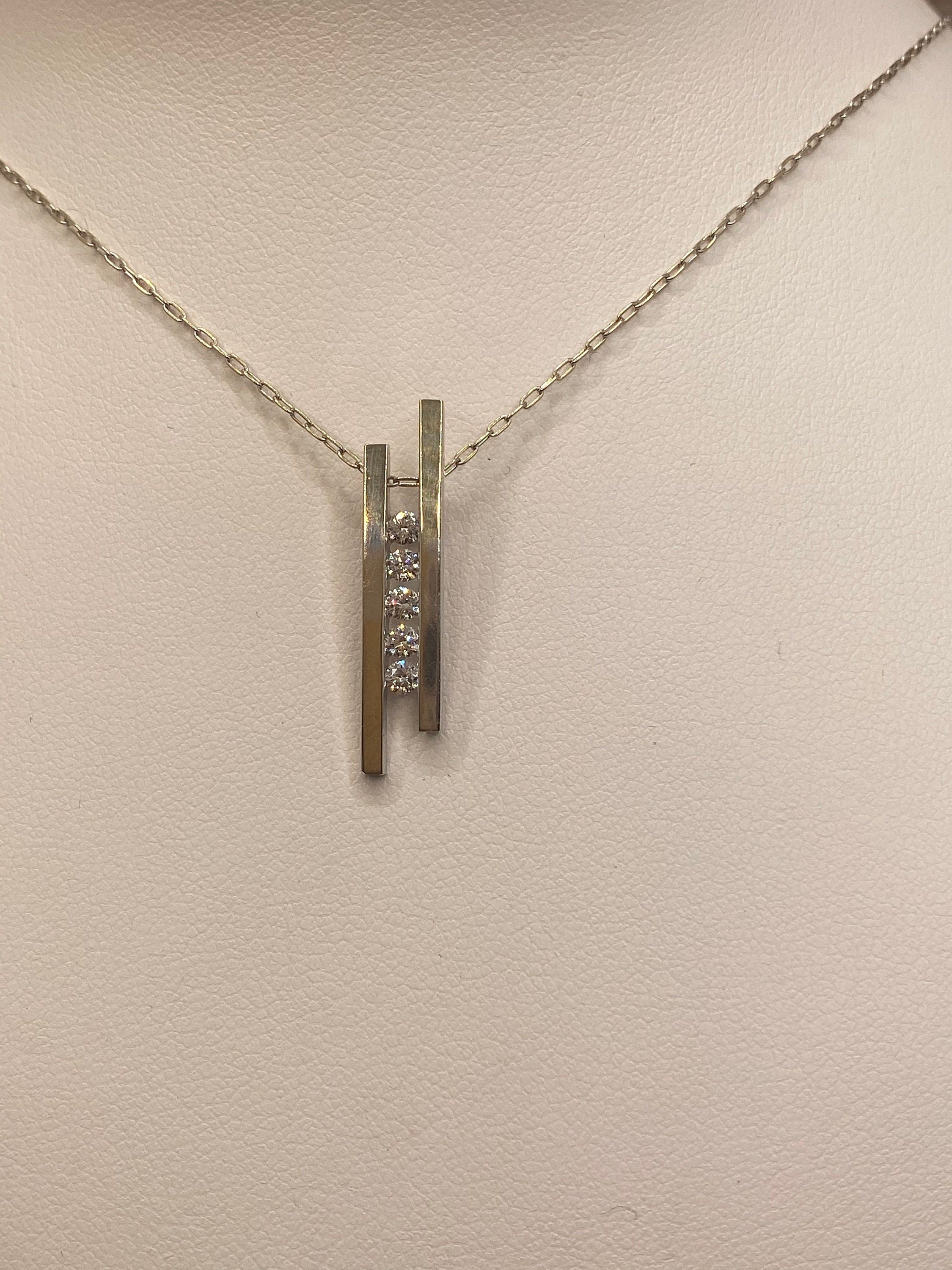 14K White Gold Diamond Vertical Bar Pendant Necklace