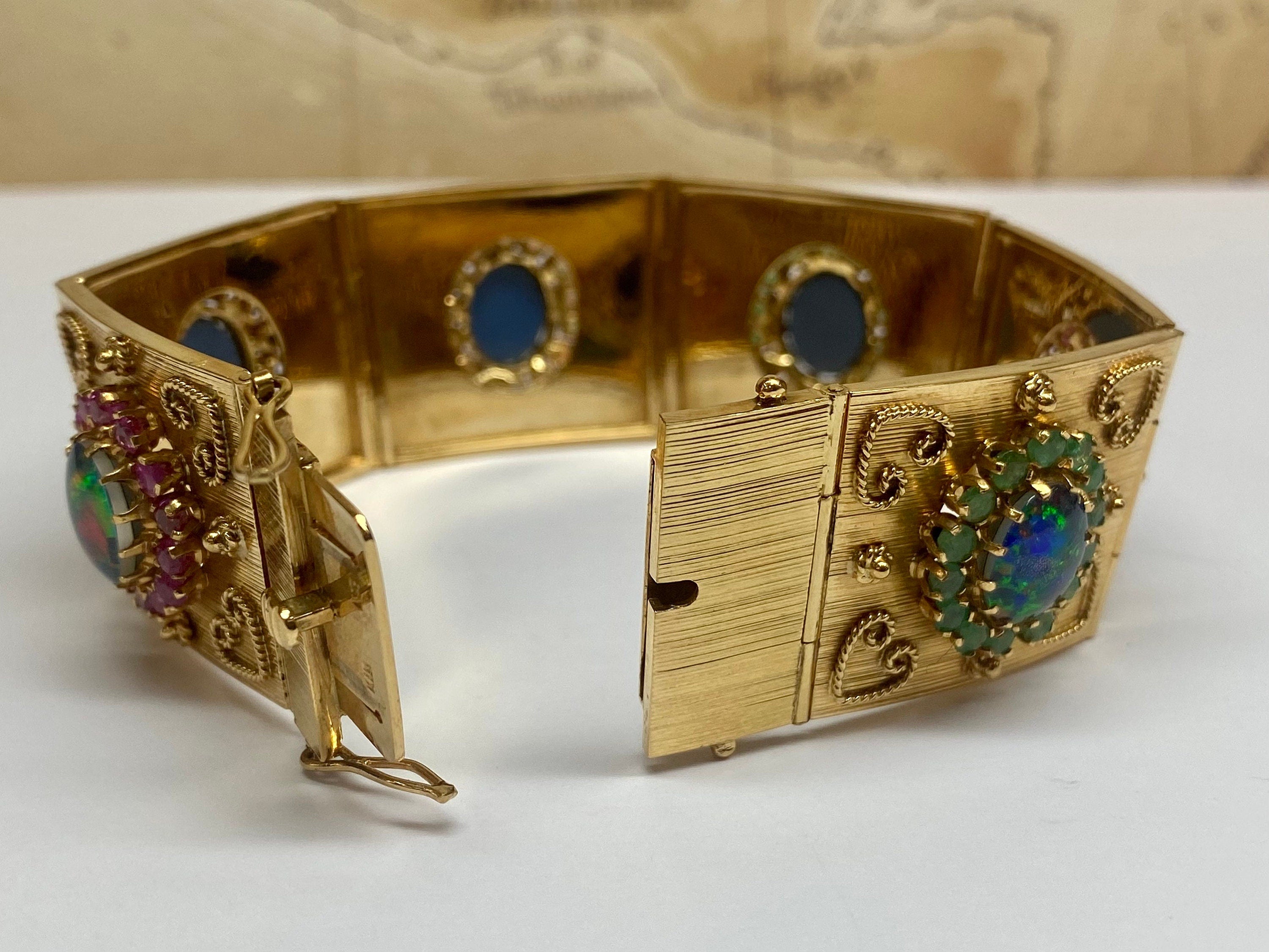 18K Gold Opal Ruby Emerald Sapphire Panel Bracelet - 1970s Estate Jewelry