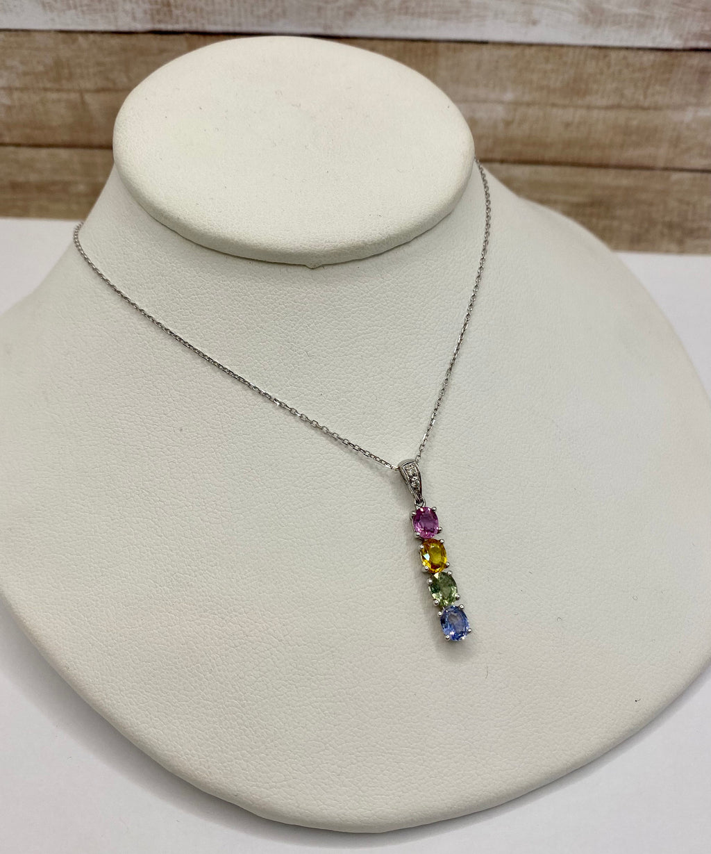 14K White Gold Necklace: Diamond & Multi-Color Gemstone Bar Pendant