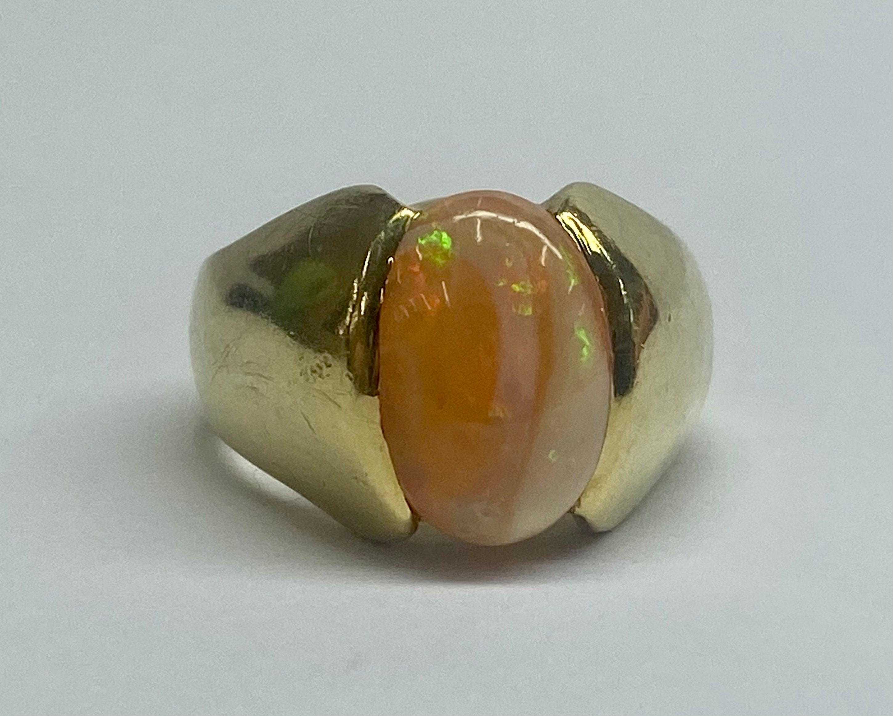 14K Yellow Gold Opal Ring - Oval Cabochon Mens Pinky Ring - Size 6